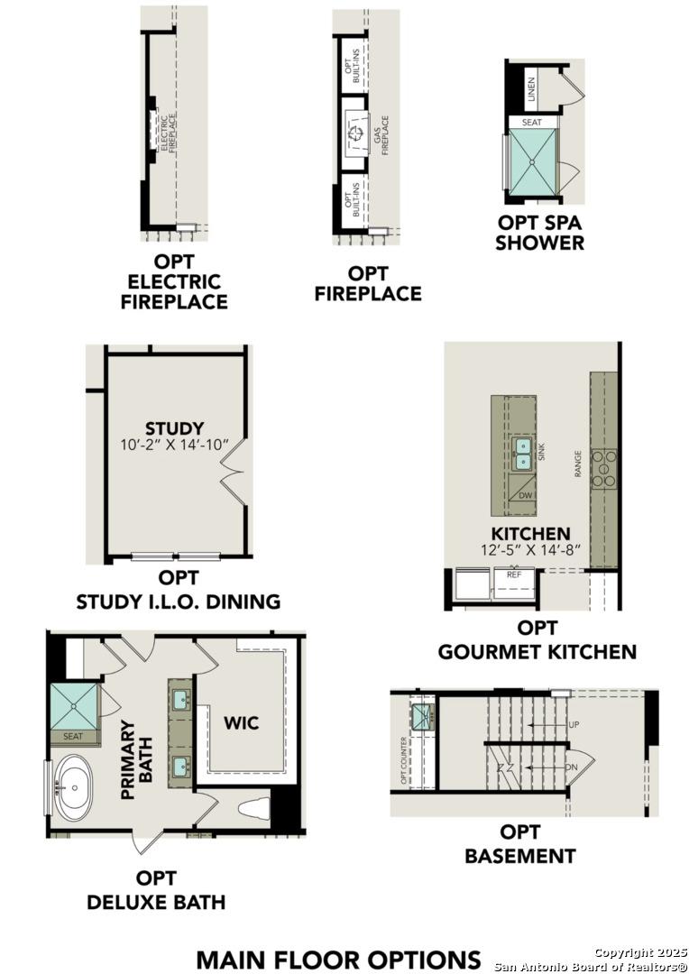 Main floor plan layout for The Belmont H 4-bedroom home by Davidson Homes: gourmet kitchen, study, primary bath, optional spa and fireplace in Castroville, Texas