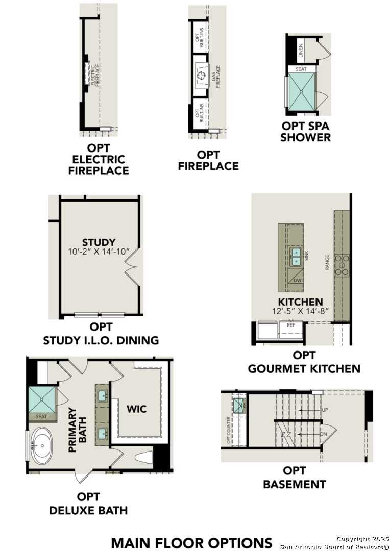 Main floor plan layout for The Belmont H 4-bedroom home by Davidson Homes: gourmet kitchen, study, primary bath, optional spa and fireplace in Castroville, Texas