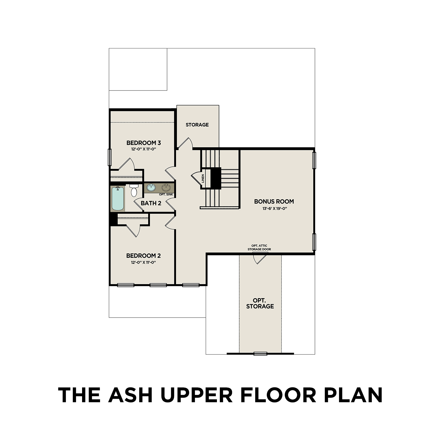 Second floor layout of The Ash by Davidson Homes featuring bedrooms 2 and 3, bath 2, 17x14 bonus room, and storage