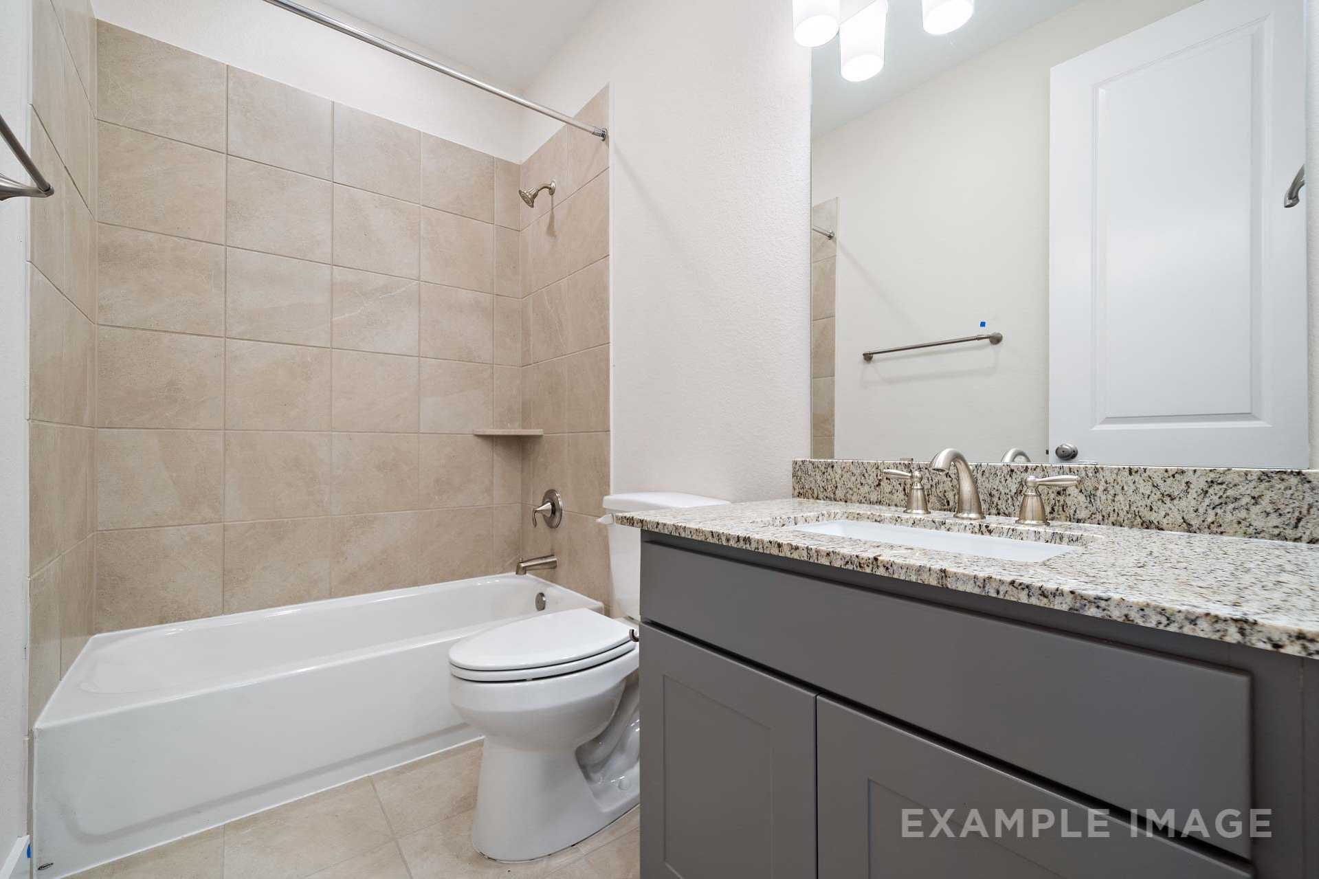 The Diana C master bathroom showcasing soaking tub, tiled walk-in shower, granite vanity and modern fixtures