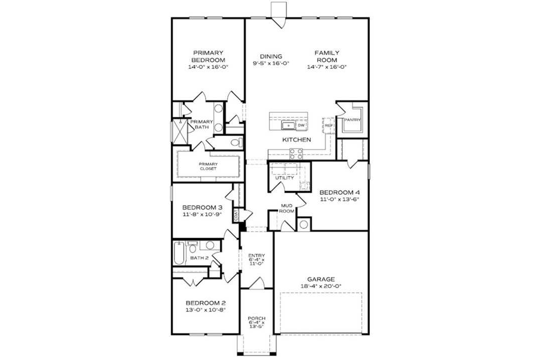 Detailed floor plan of The Luna B: 4-bedroom, 2-bath, 2,005 sq ft 1-story home with 2-car garage in Anderson Lakes, Opelika, Alabama