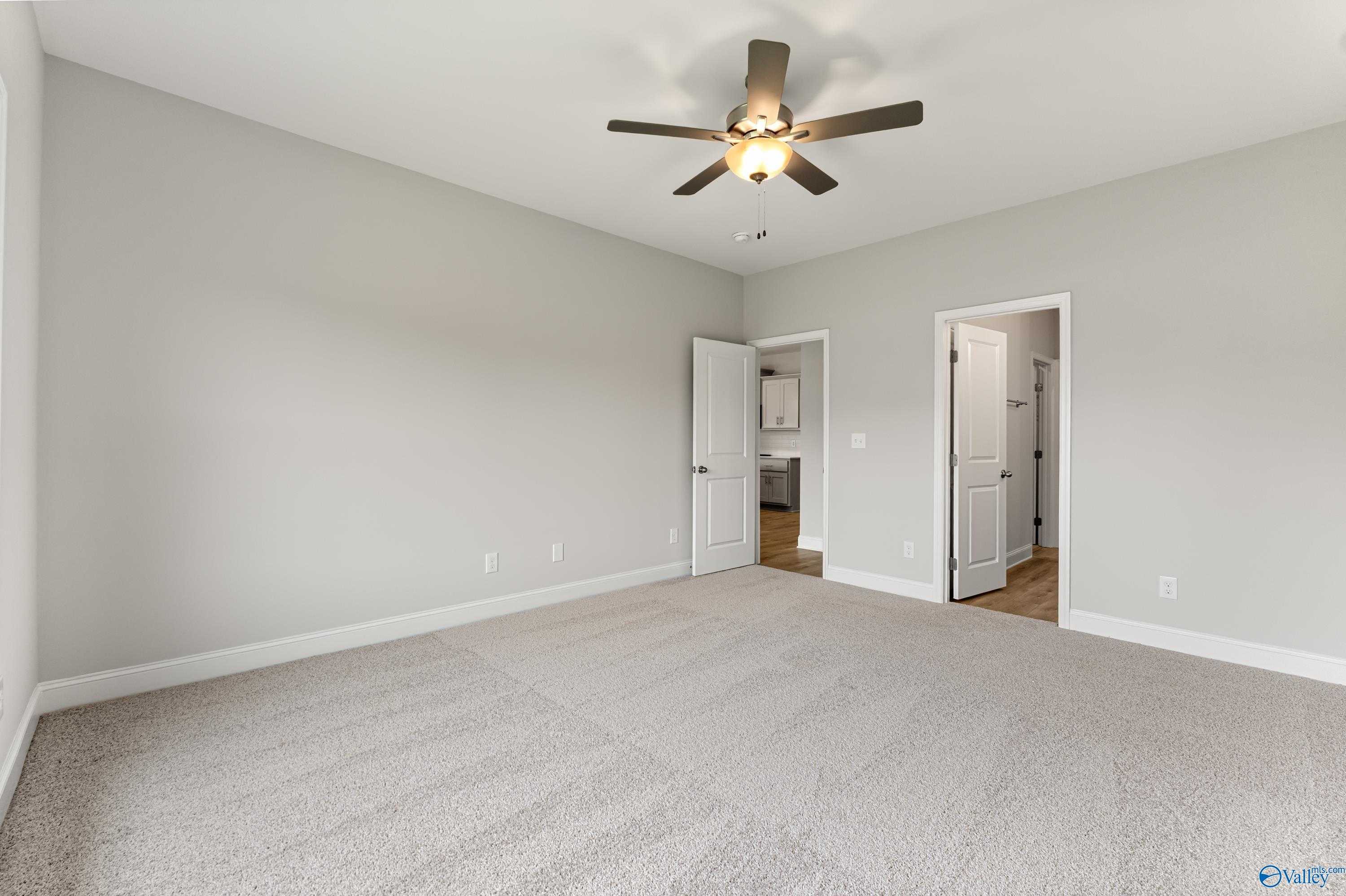 Spacious master bedroom with ceiling fan, gray walls, carpeted floor, and en-suite bath in Davidson Homes The Daphne C, Athens AL