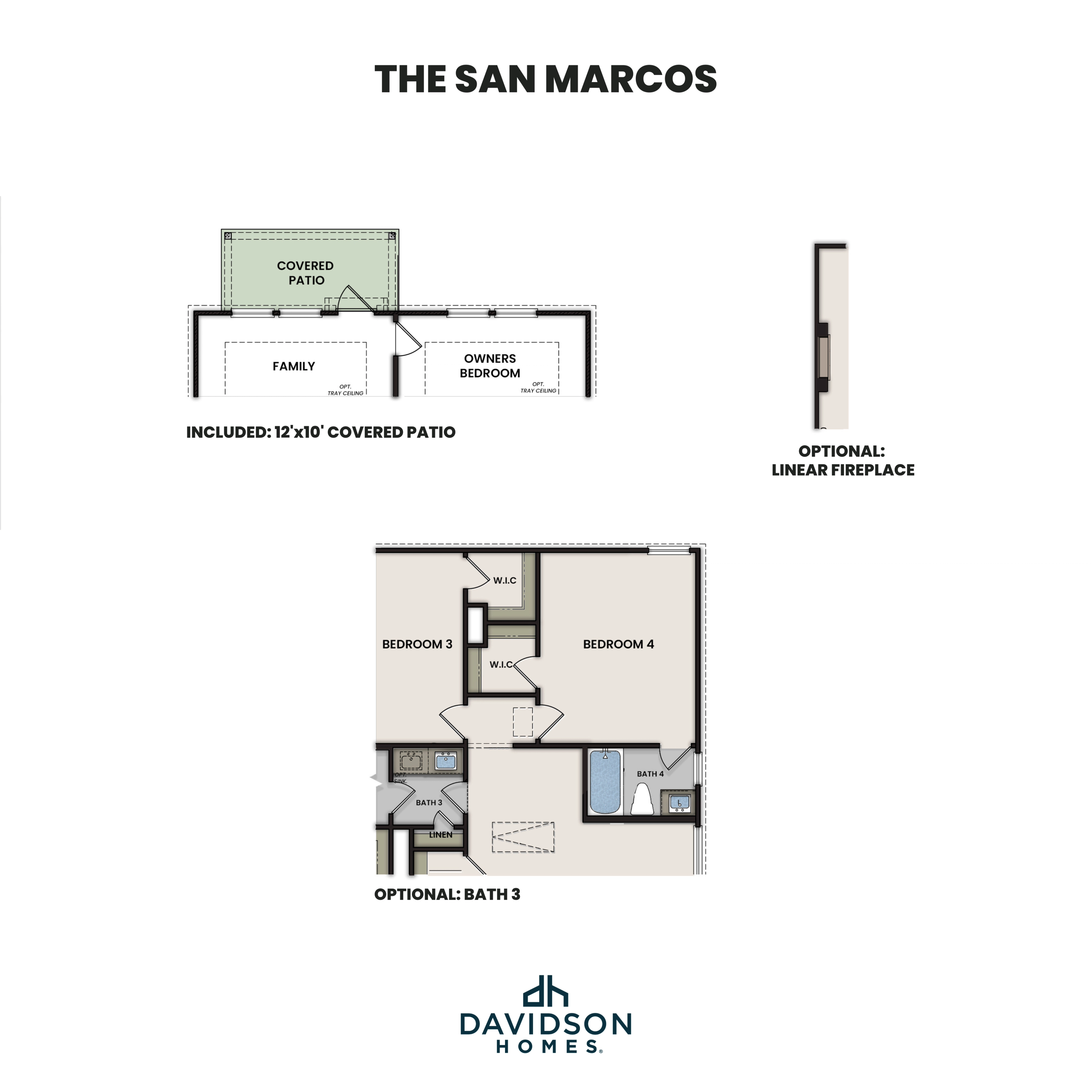The San Marcos first floor plan by Davidson Homes: owner's suite, family room, covered patio, bedrooms 3-4, optional linear fireplace