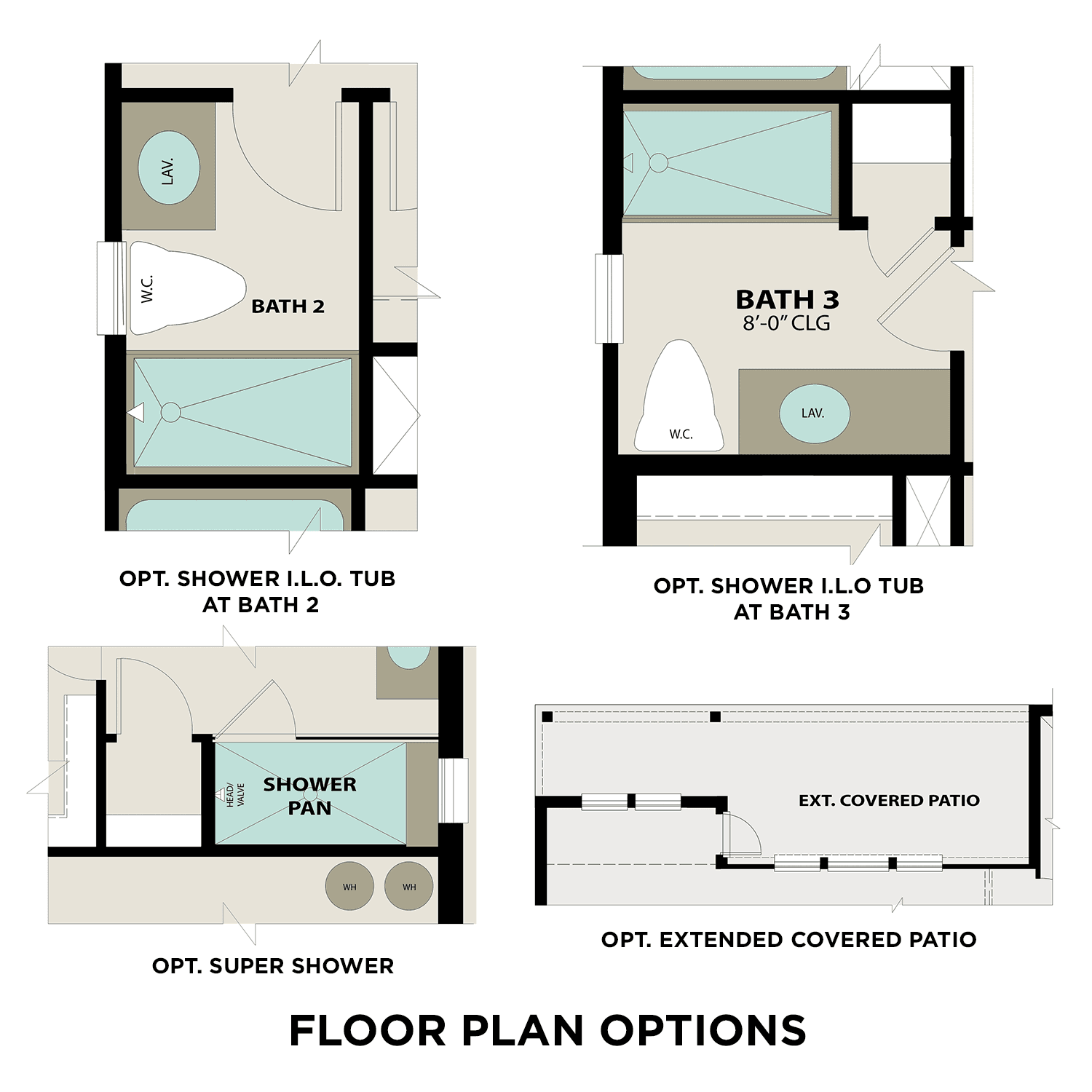 The Philip C floor plan options featuring bathroom layouts with optional super shower, tubs, and extended covered patio