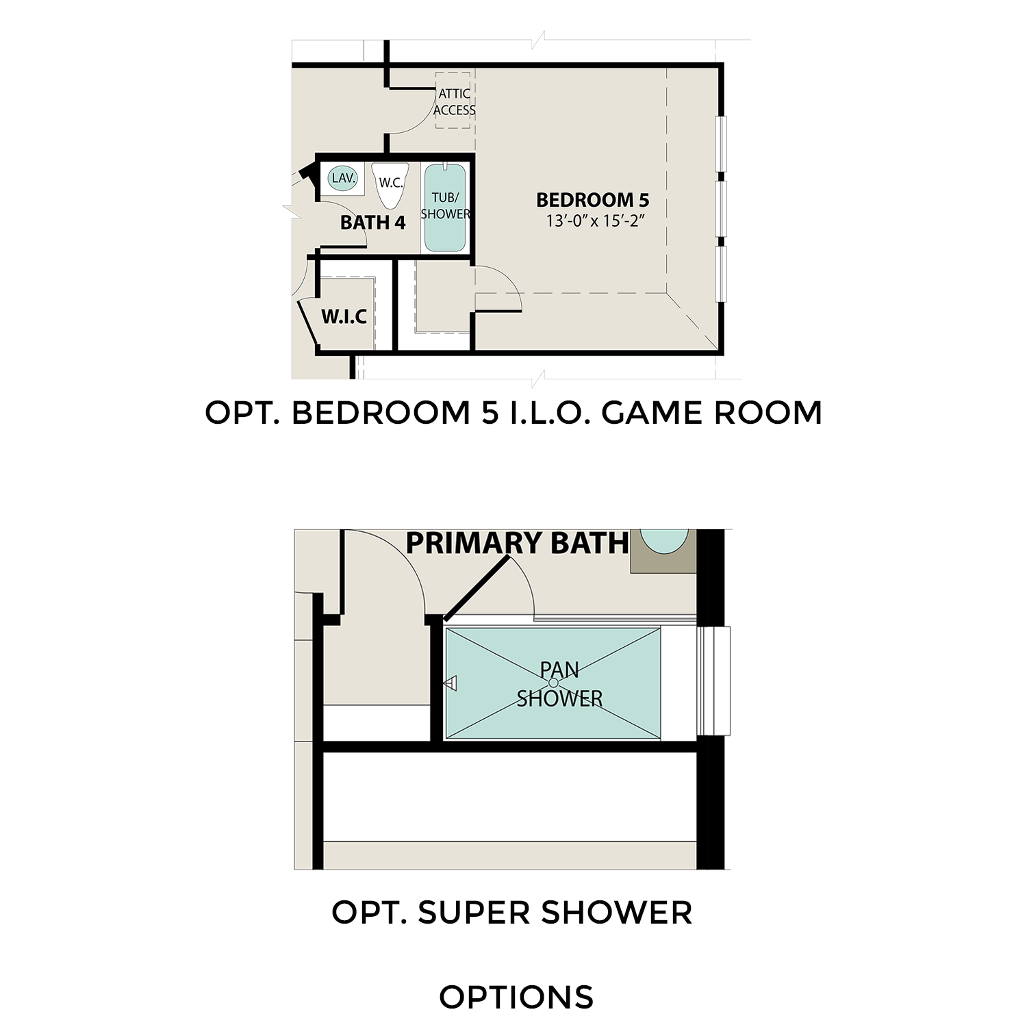 Second floor layout of The Victoria with optional Bedroom 5 or game room, Bath 4, and primary bath super shower option