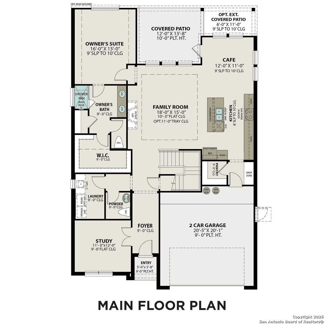 Main floor plan of The Sequoia B 4-bedroom home by Davidson Homes in Hickory Ridge, Elmendorf, Texas with open family room, kitchen, cafe, and 2-car garage