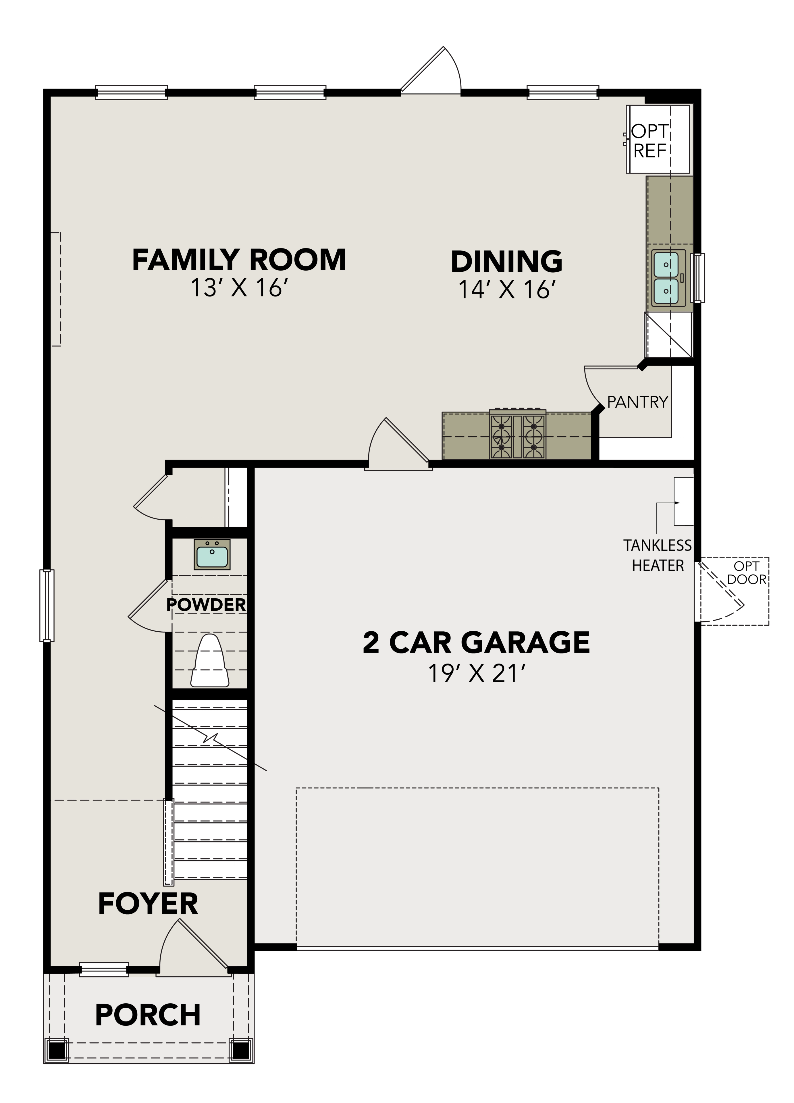 First floor plan of The Trinity showcasing foyer, 13x16 family room, 14x16 dining, kitchen with pantry, and 19x21 2-car garage