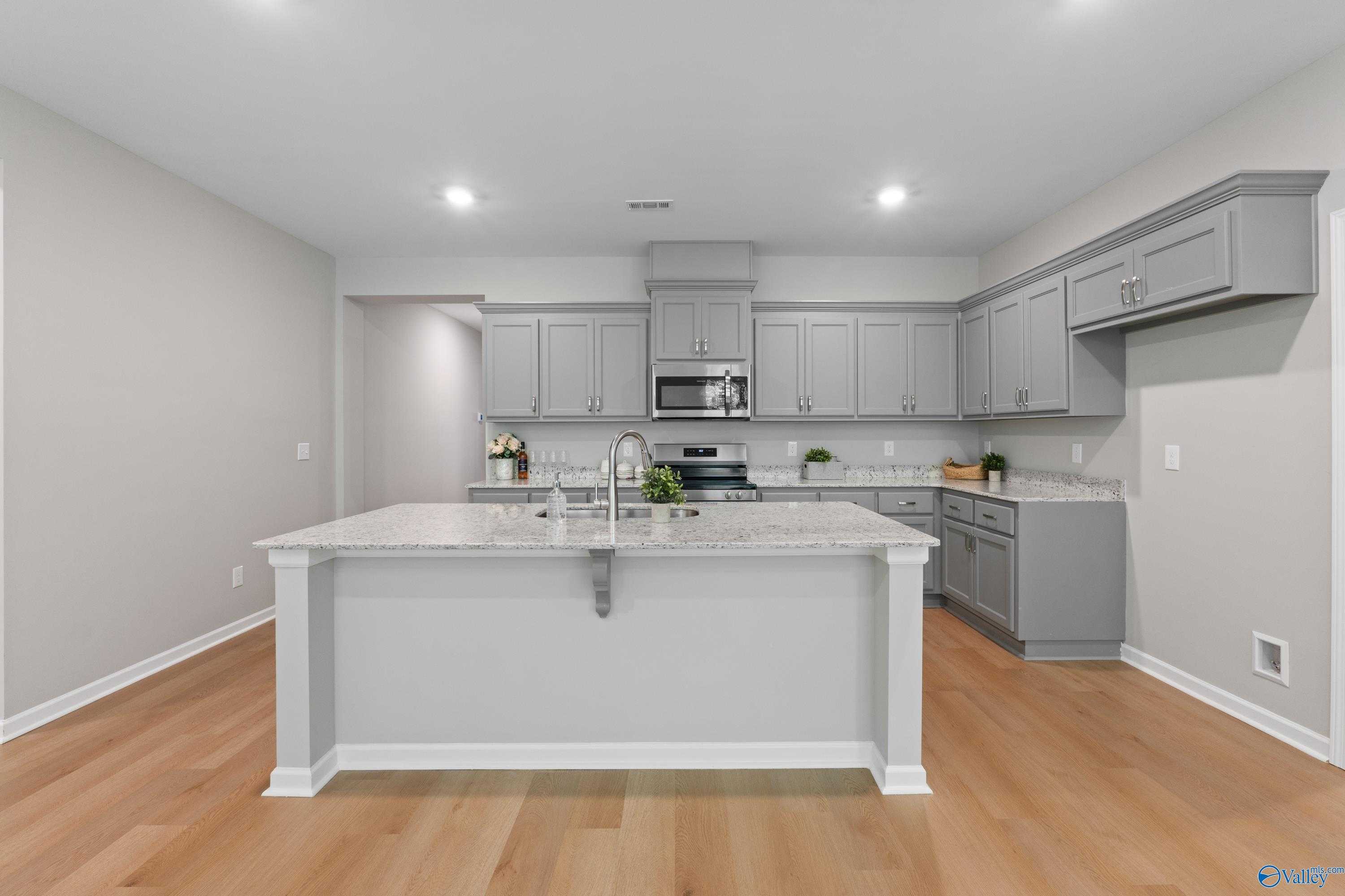 Modern gray kitchen with granite island, stainless appliances, and open layout in Davidson Homes The Luna, Hazel Green, Alabama