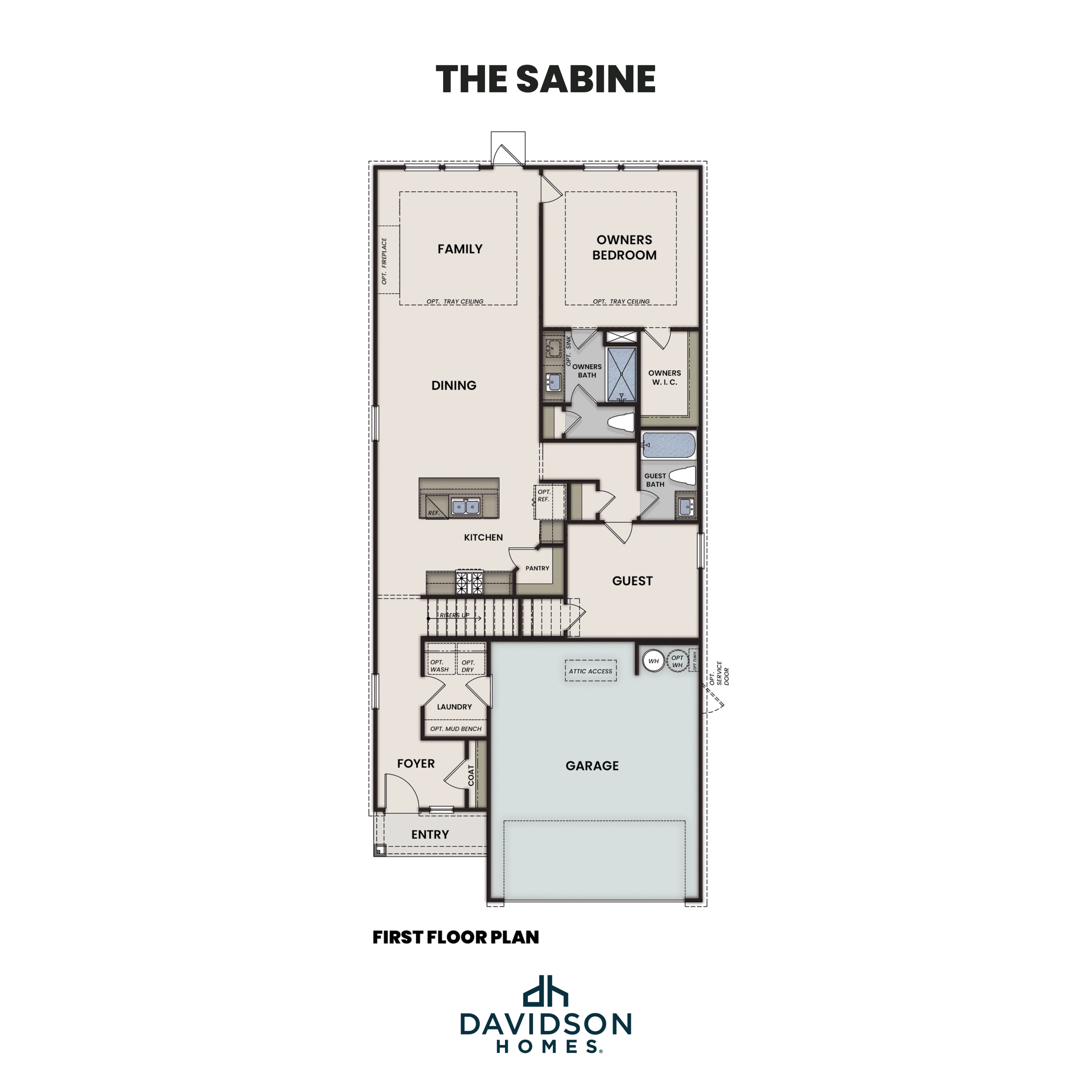 First floor plan of The Sabine by Davidson Homes: primary suite, open kitchen, dining, family room, guest bedroom, 2-car garage