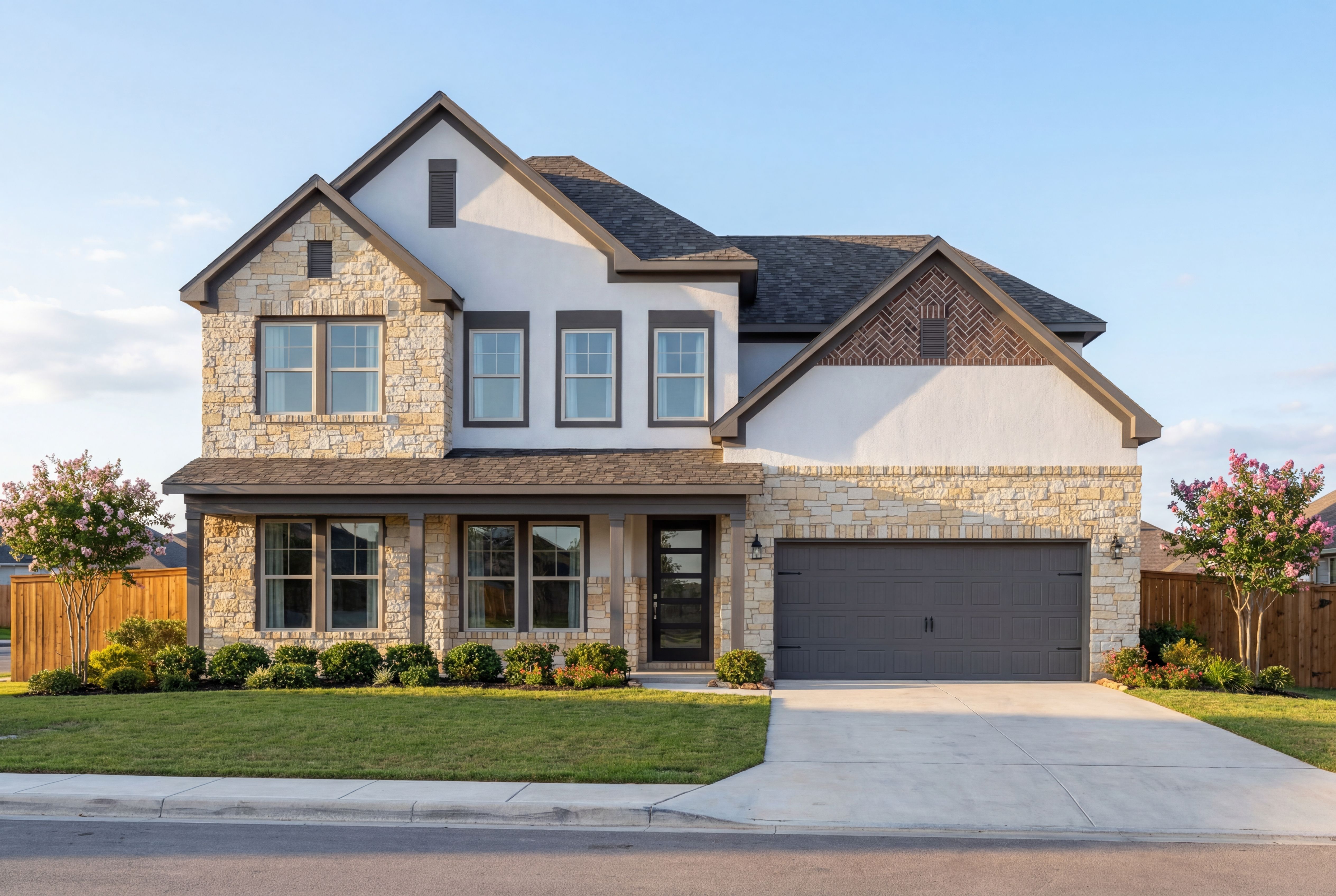 The Belmont two-story home elevation with stone facade, white siding, dark gabled roof, 2-car garage, and manicured landscaping