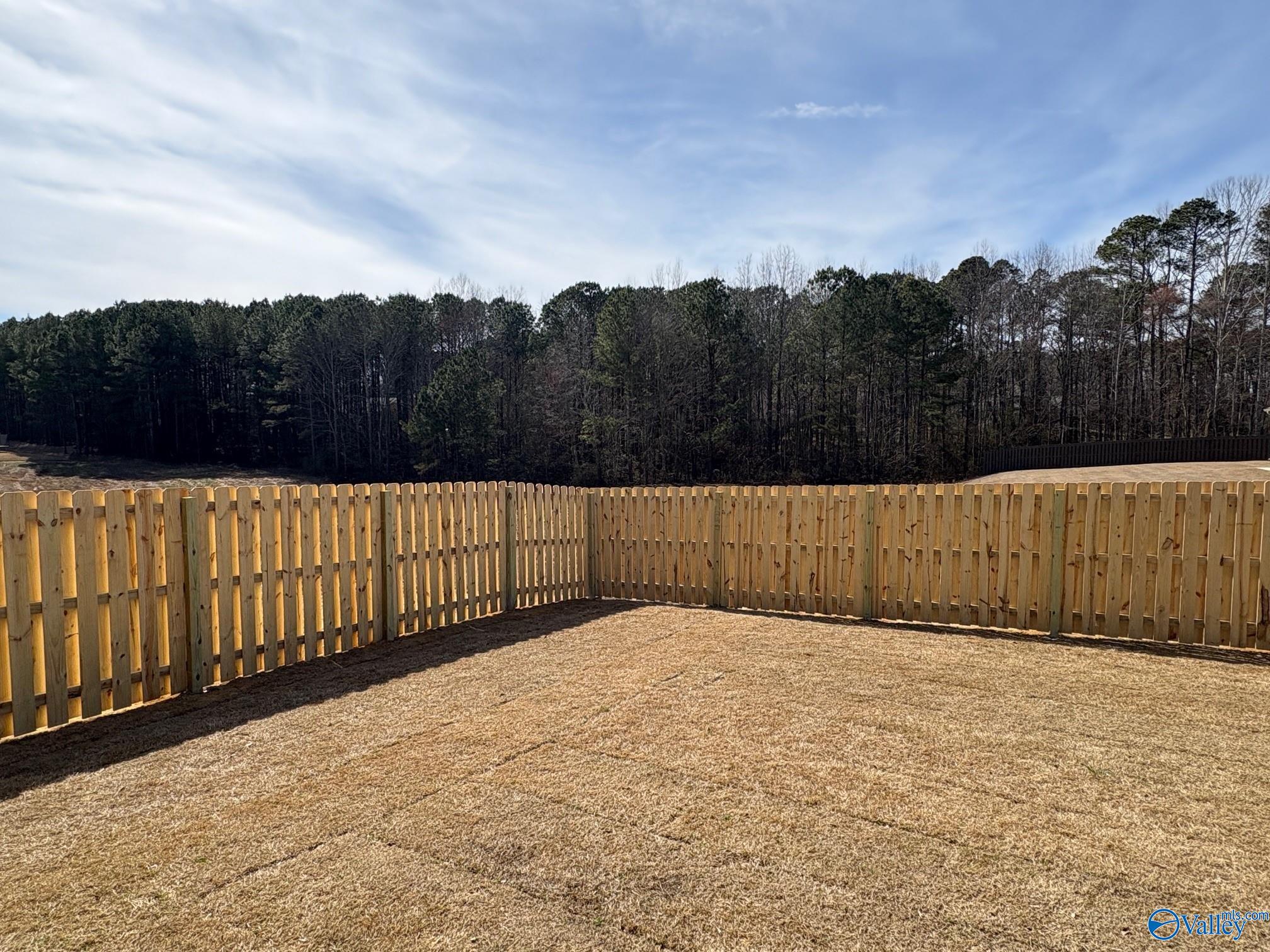 Private backyard with wooden privacy fence and pine tree surroundings in The Highlands, Arab, Alabama 4-bedroom home