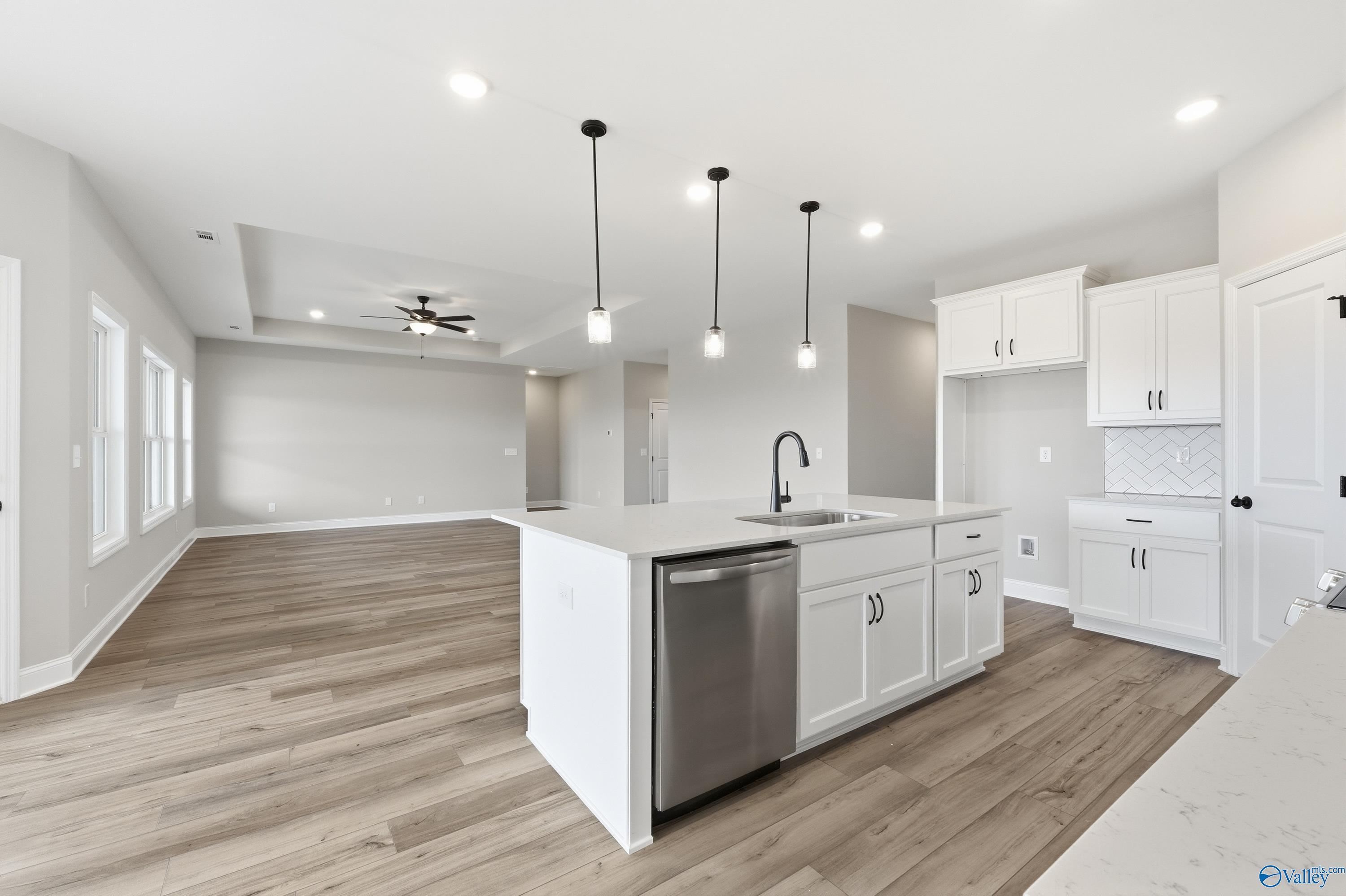 Modern open-concept kitchen with white island sink, quartz counters, stainless dishwasher in Davidson Homes The Rockford C, Athens AL