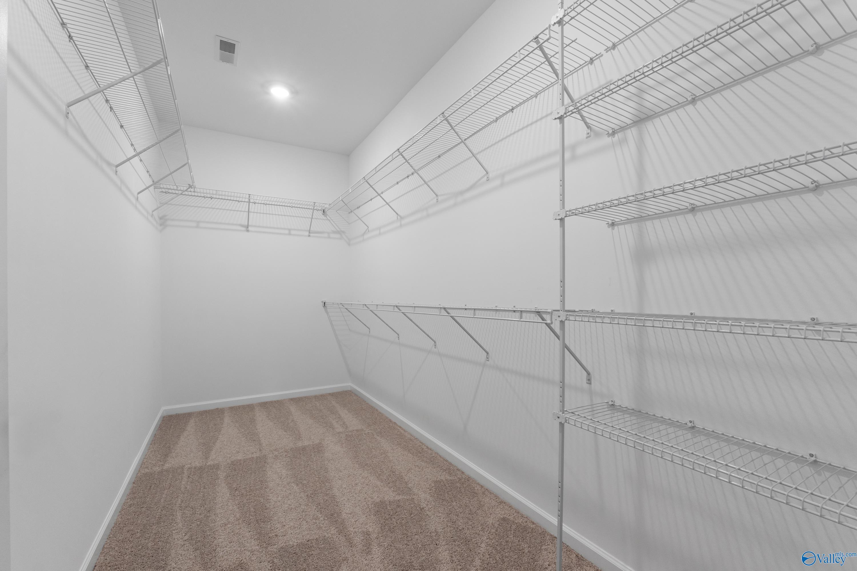 Spacious walk-in closet with wire shelving, hanging rods and carpeted floor in Davidson Homes The Dorado, Huntsville AL