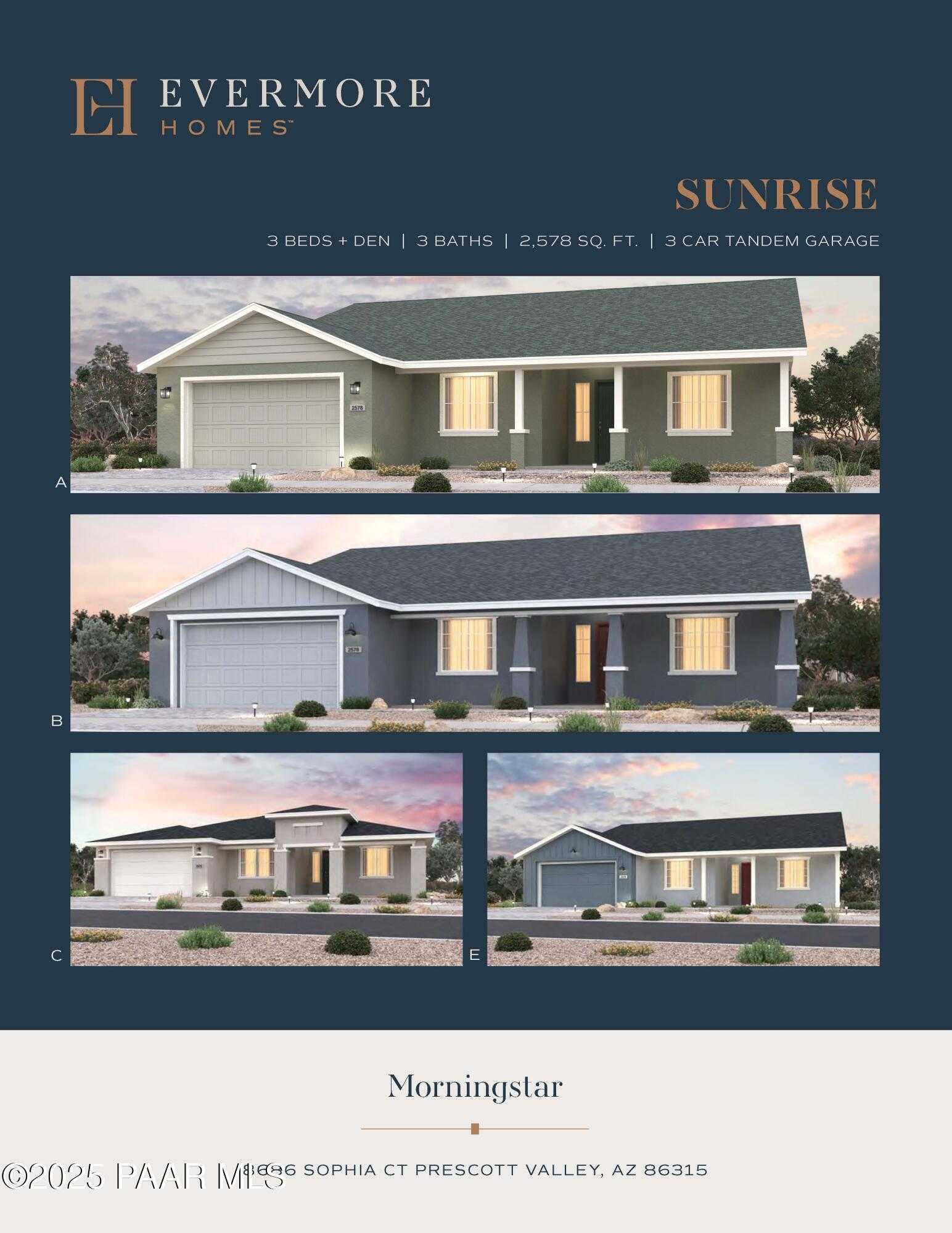 Evermore Homes Sunrise A exteriors: 3-bed, 3-bath, 2578 sq ft single-story with 4-car tandem garage in Morningstar, Prescott Valley, AZ