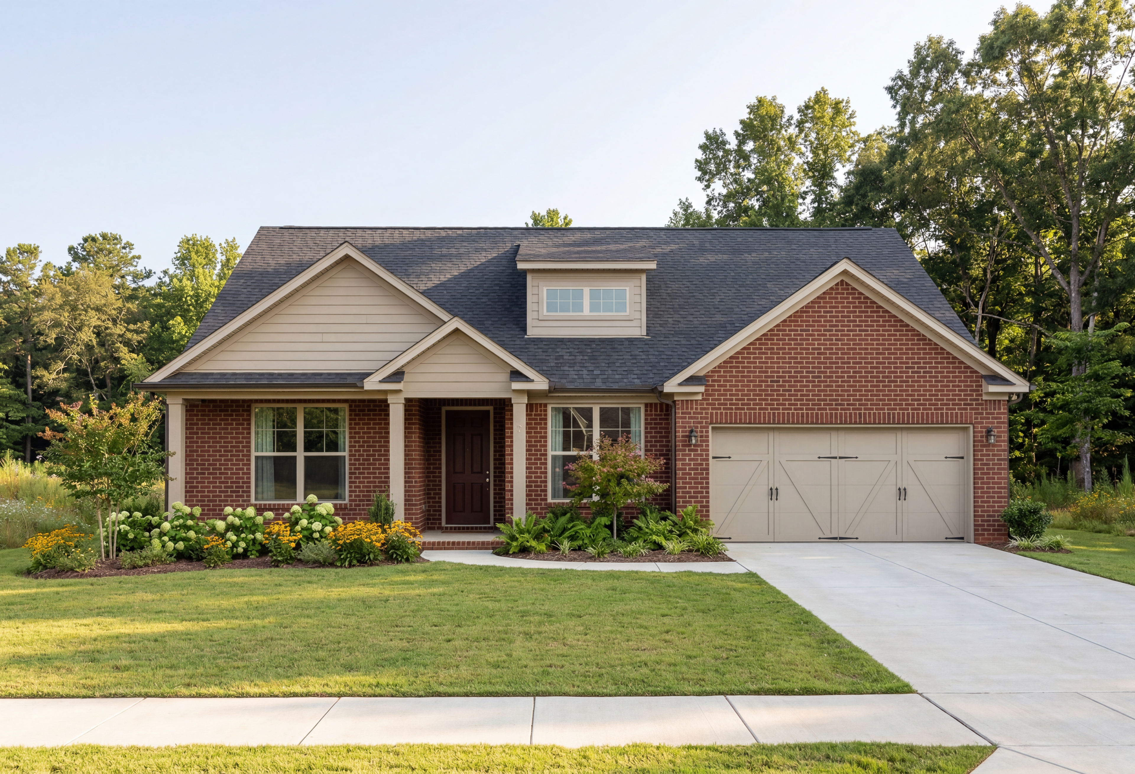 The Harrison by Davidson Homes in Cullman, Alabama, featuring a 1-story brick exterior and 2-car garage design.