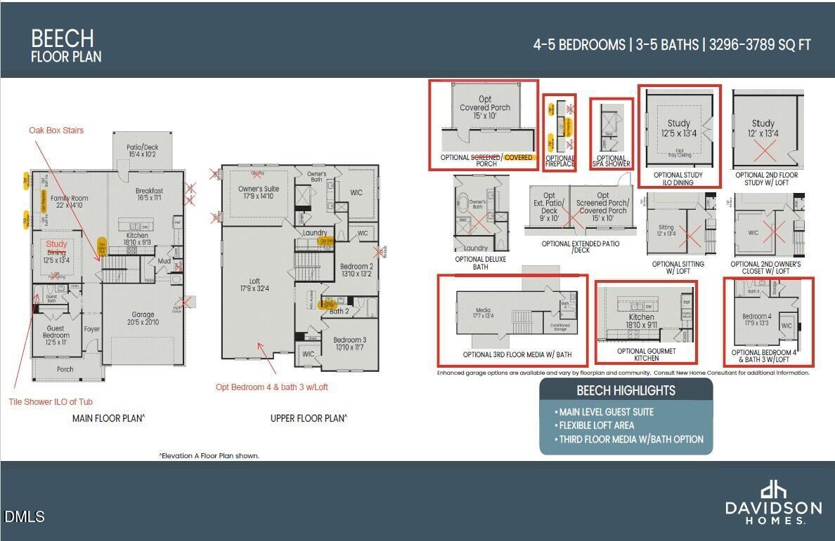 The Beech B floor plan by Davidson Homes: 5-bed 5-bath 3,789 sq ft 3-story layout with main/upper levels, optional media room in Wake Forest, NC