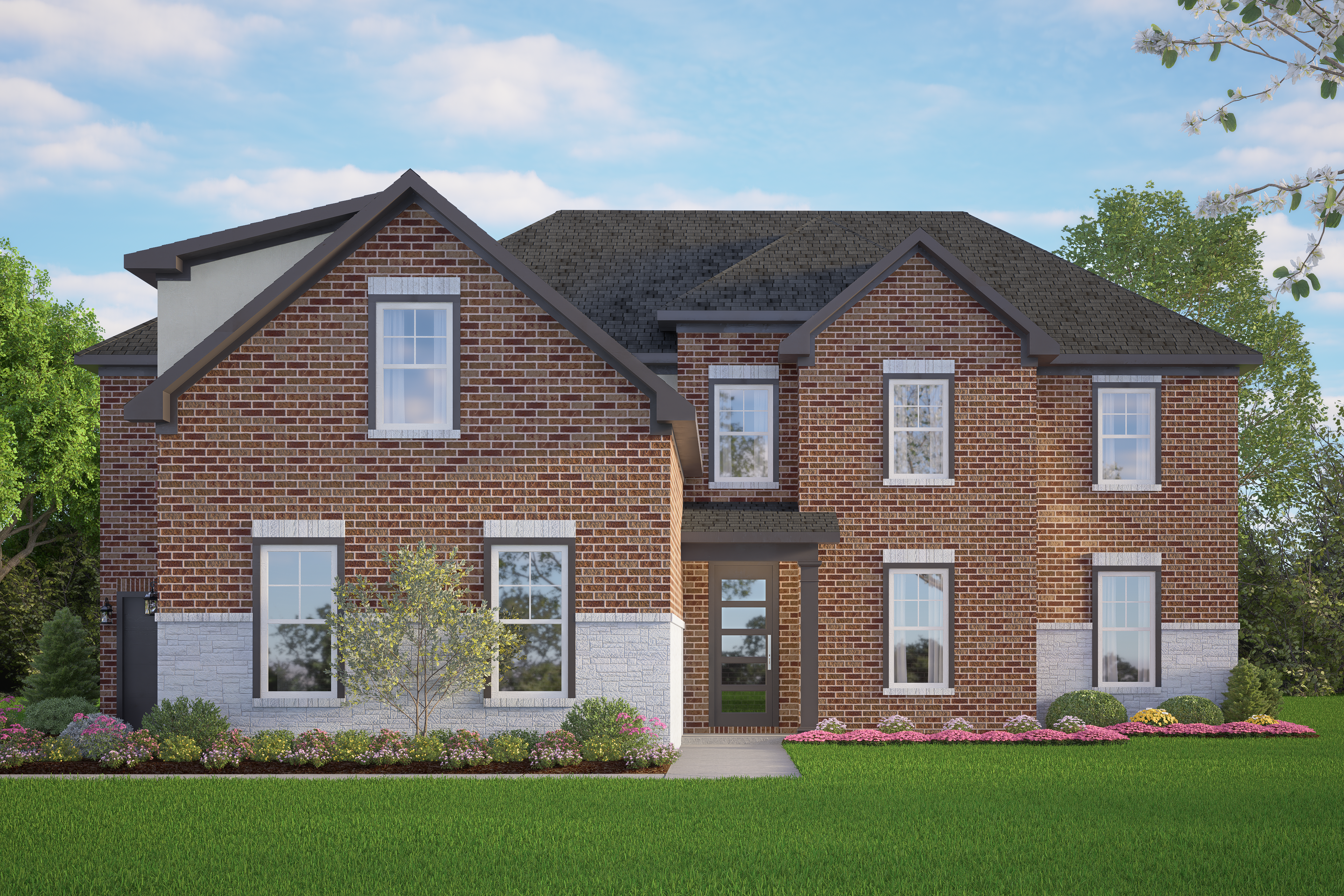 Two-story brick Ashford home elevation with dark shingle roof, large windows, and landscaped yard in Castroville, Texas