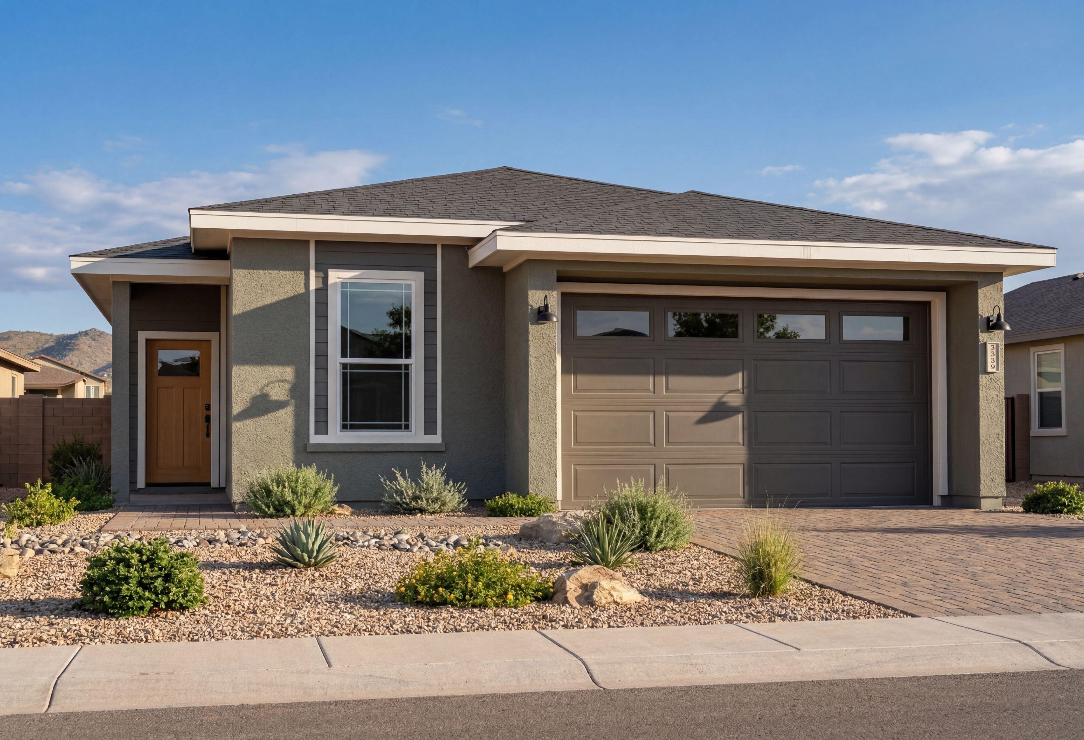 Modern exterior of The Malibu A single-story home by Davidson Homes featuring a 2-car garage and desert landscaping.