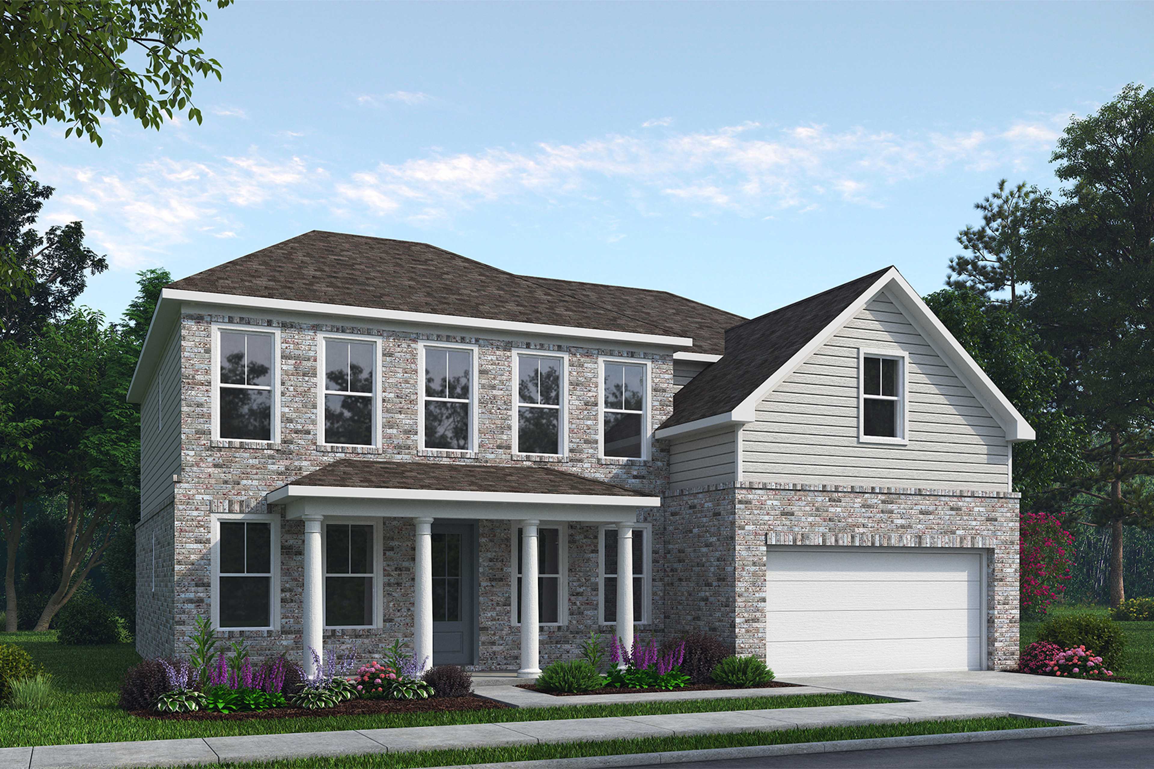Modern brick home exterior with covered porch, columns, and garage at Fern Hollow in Buford, Georgia by Davidson Homes