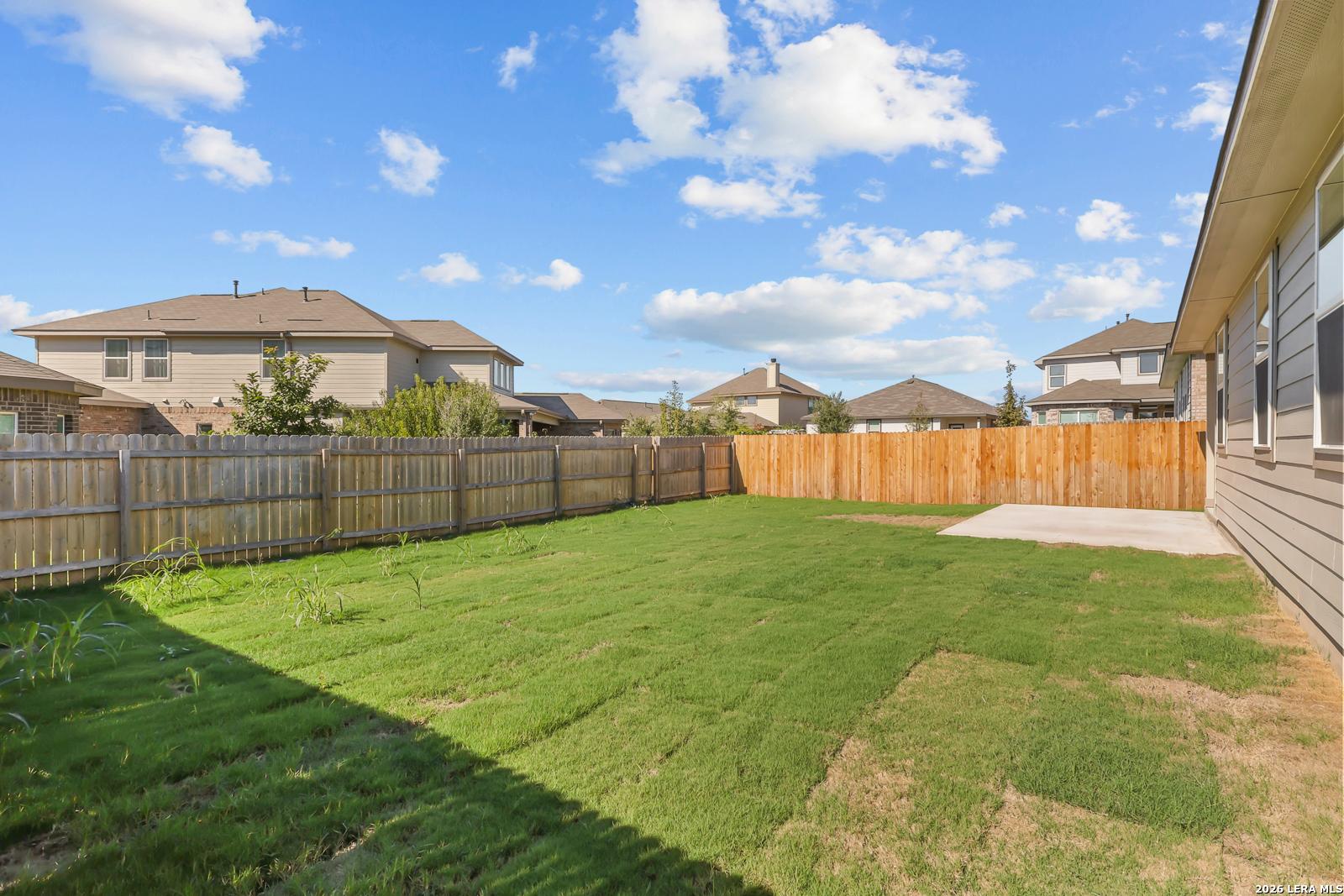 Fenced backyard with green lawn and concrete patio at Davidson Homes The Daphne I in Bricewood, San Antonio, Texas