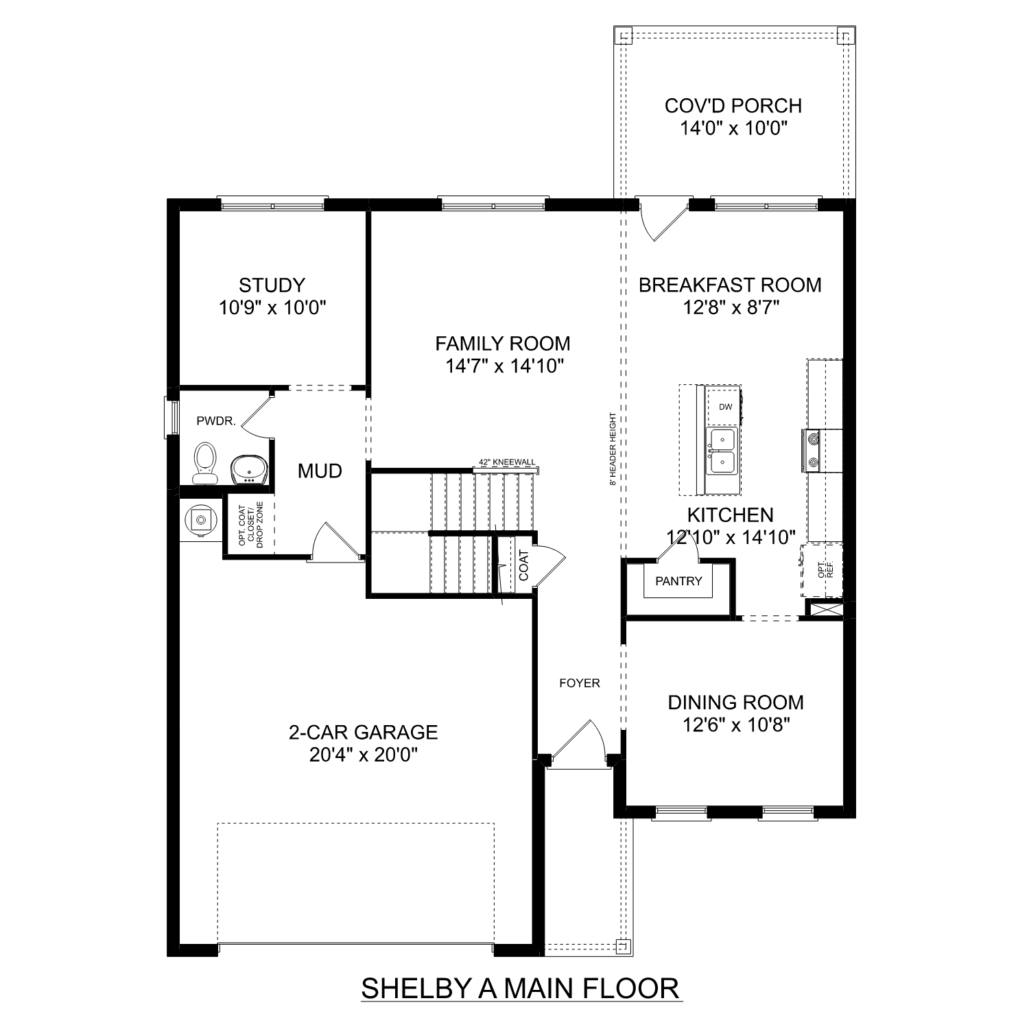First floor layout of The Shelby A featuring study, family room, kitchen, dining, pantry, and 2-car garage