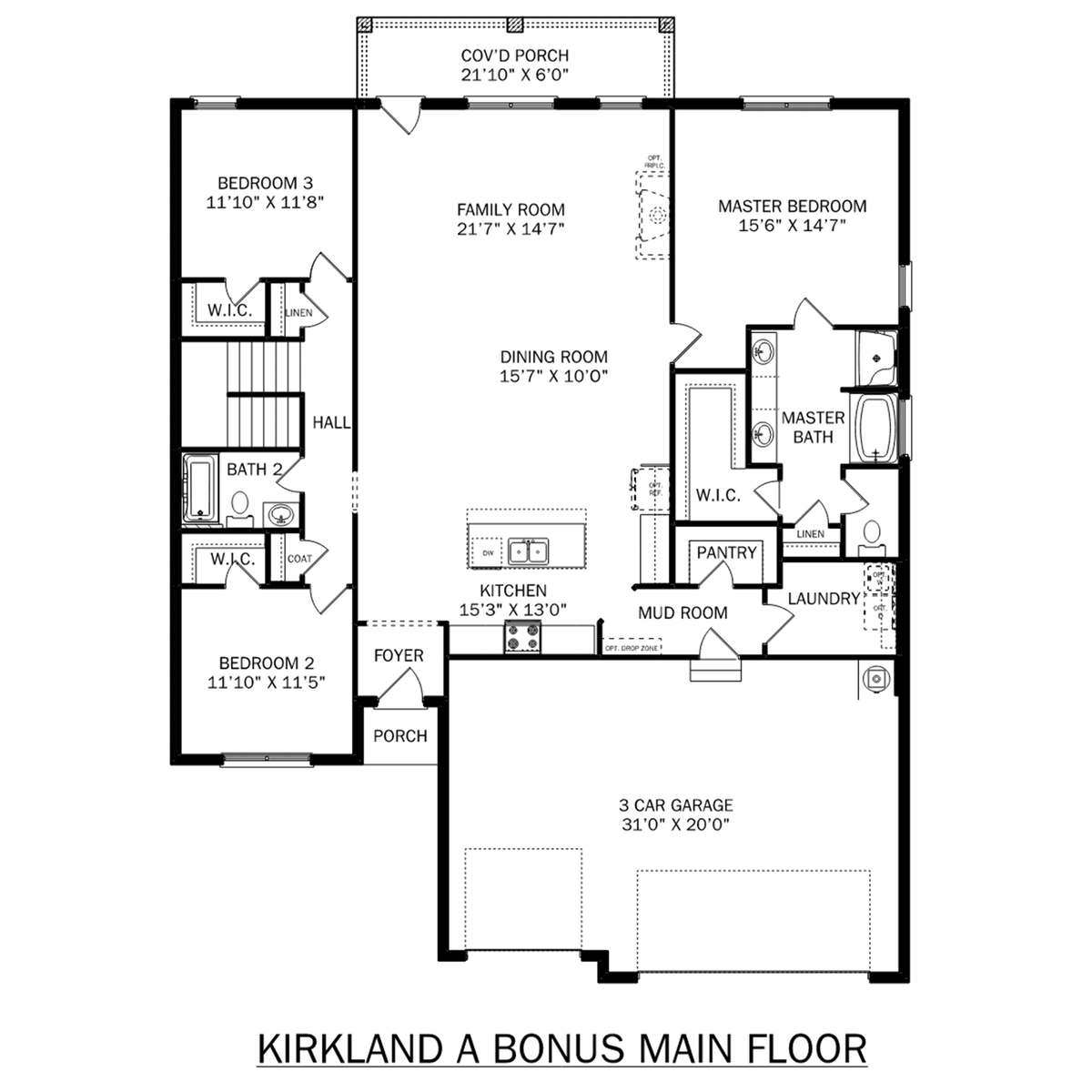 1 - The Kirkland with Bonus buildable floor plan layout in Davidson Homes' Creekside community.