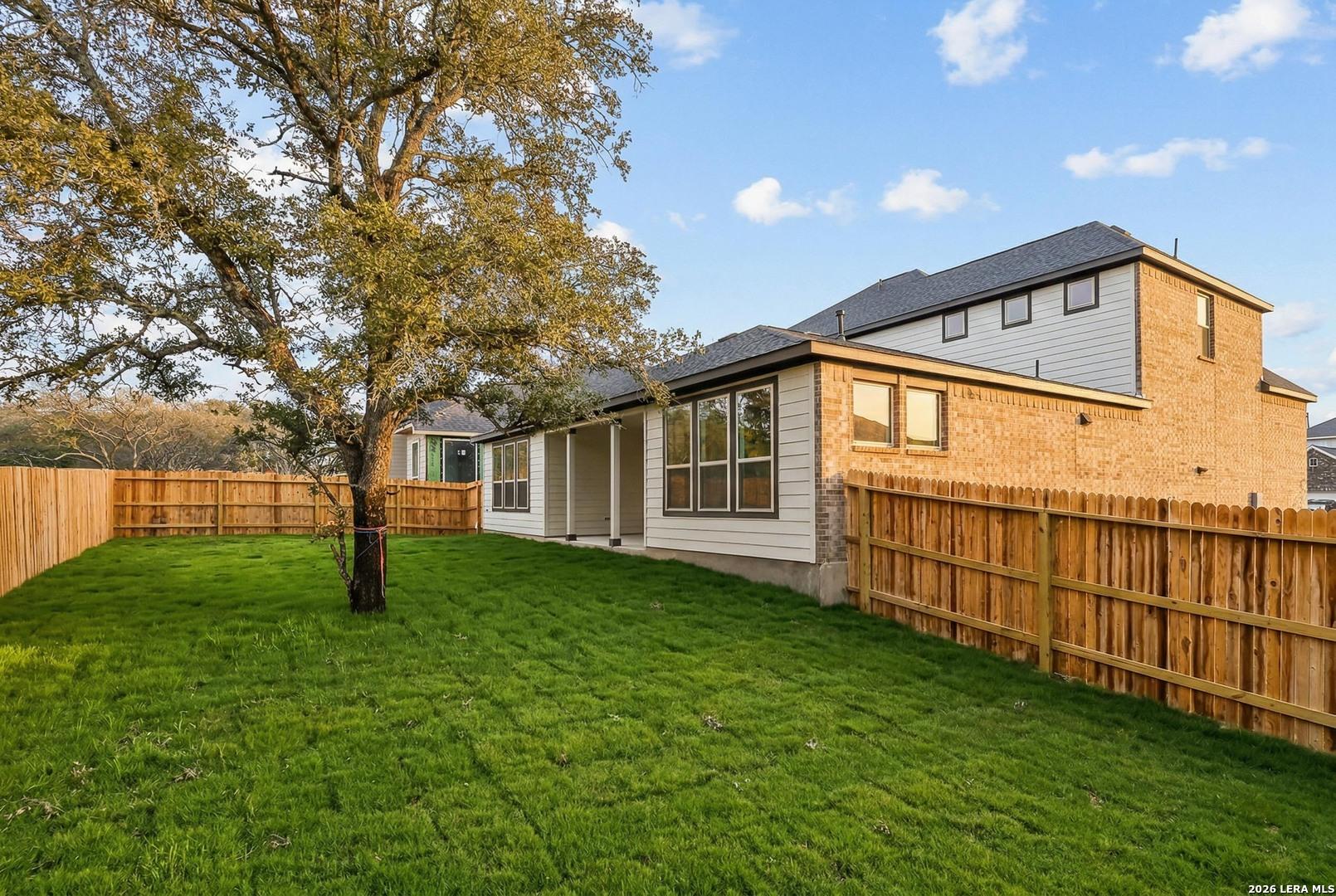 Fenced backyard with mature tree at The Belmont G floor plan in The Reserve at Potranco Oaks, Castroville, Texas.