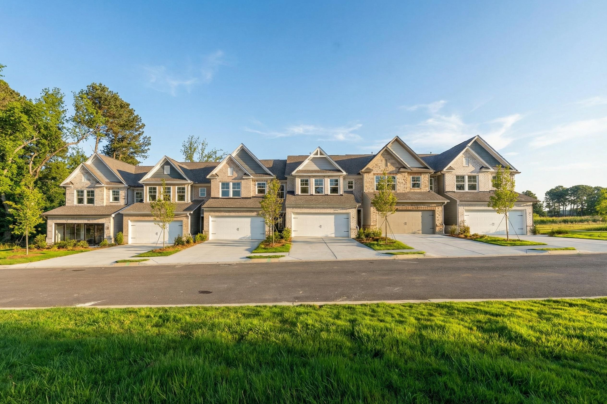 Row of modern townhomes at Lake Shore in Winder, Georgia with gabled roofs, garages, driveways and lush green lawns
