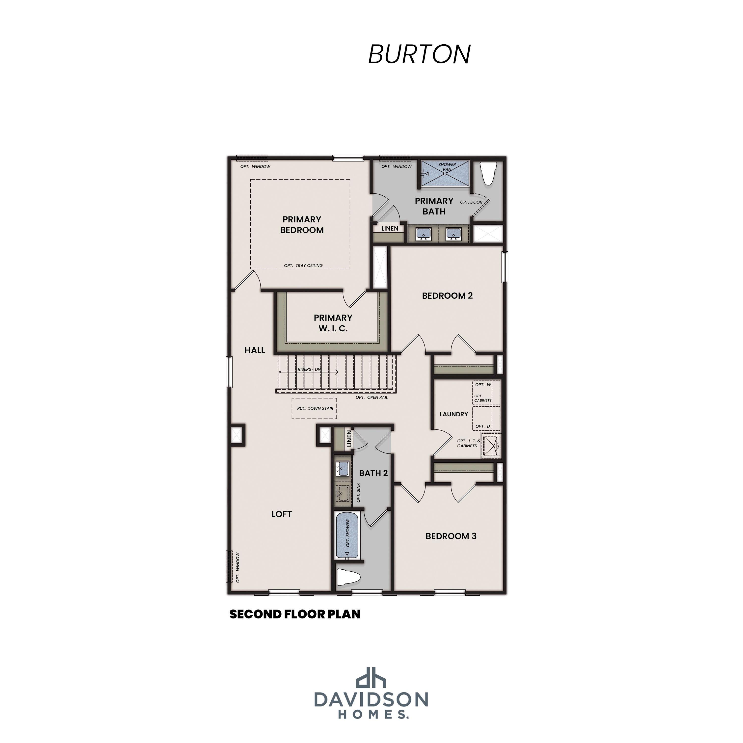 Floorplan drawing with a loft, 3 bedrooms, 2 bathrooms and a laundry room