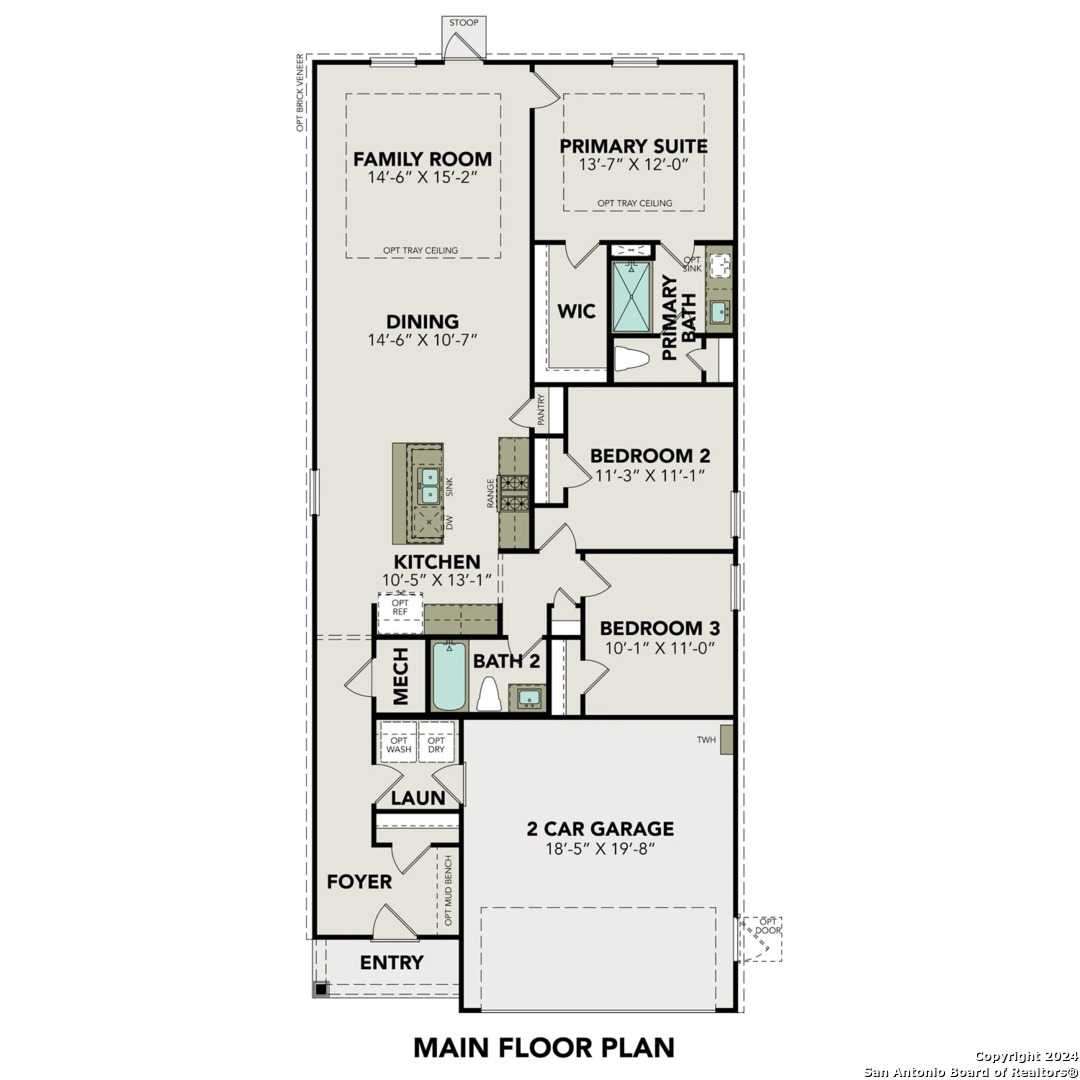 The Frio B floor plan by Davidson Homes: 3-bed, 2-bath, 1,464 sq ft layout with open kitchen, family room, and 2-car garage in Applewhite Meadows, San Antonio