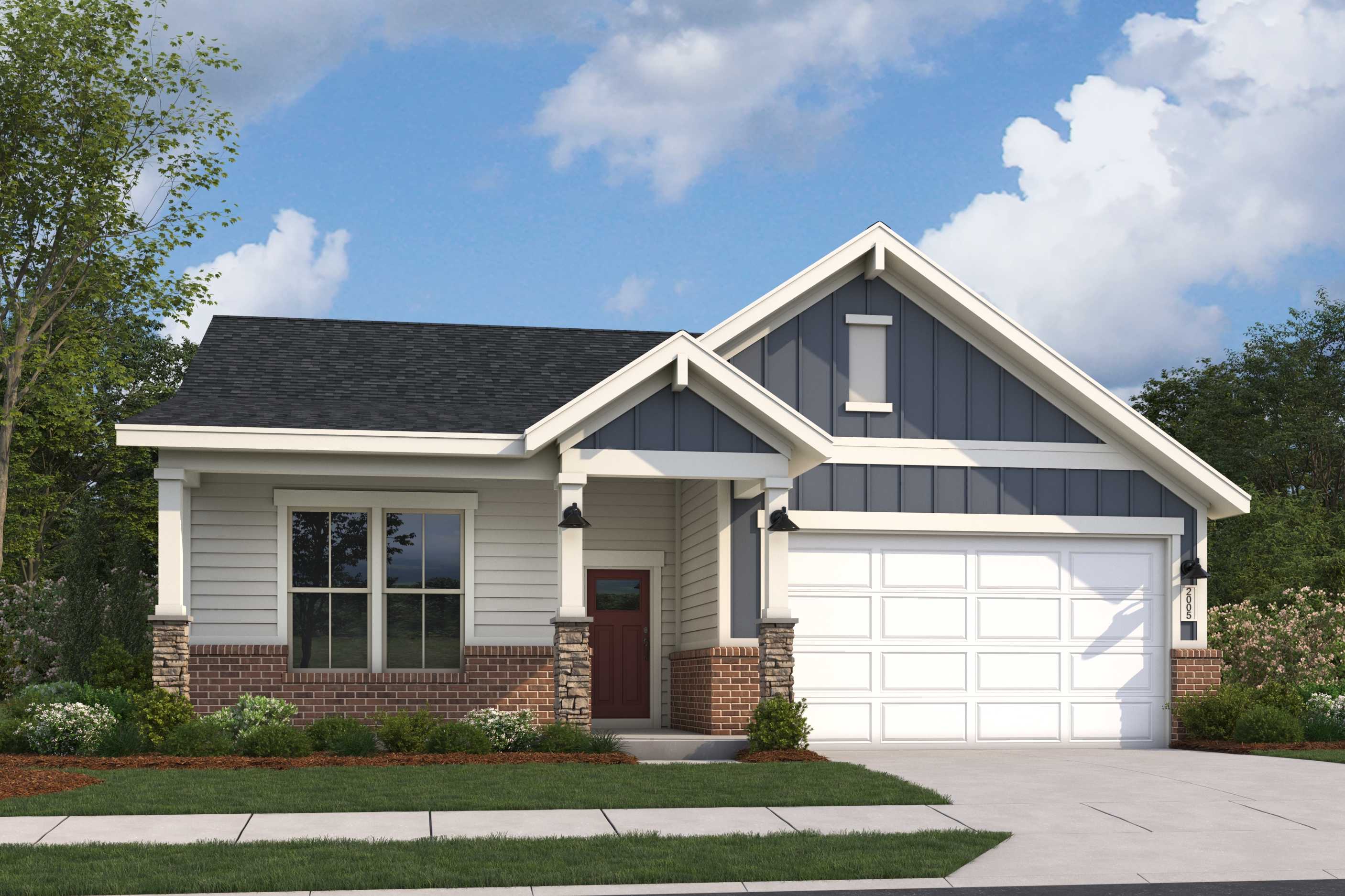 Modern single-story exterior of The Luna D featuring gray siding, brick accents, gabled roof, covered porch, and 2-car garage