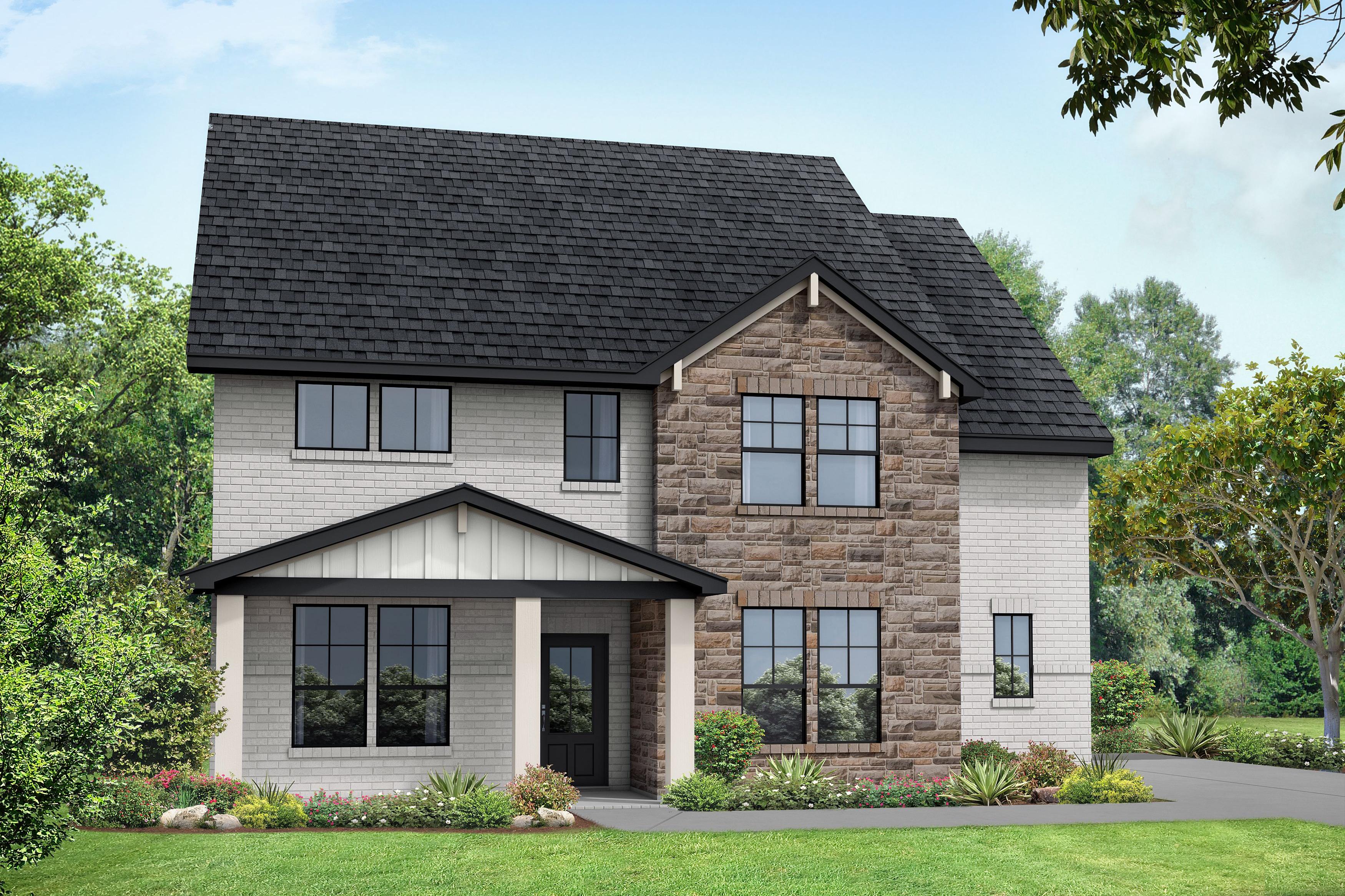 Two-story Ridgeport G elevation featuring stone accents, siding exterior, covered porch, and lush landscaping in Mt. Juliet, TN