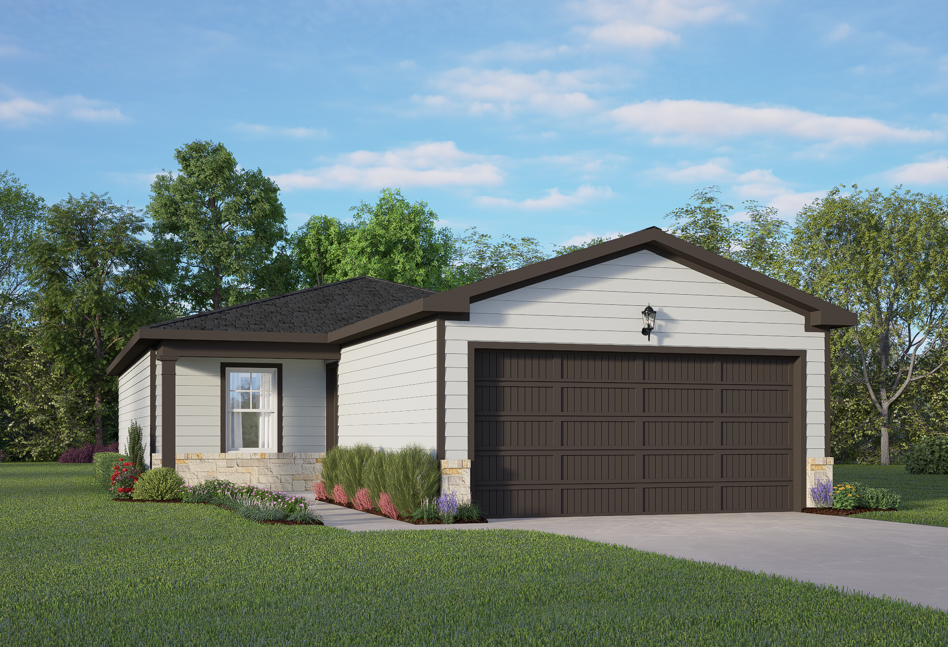 Single-story elevation of The Comal C showcasing white siding, stone accents, dark 2-car garage, and lush landscaping in San Antonio