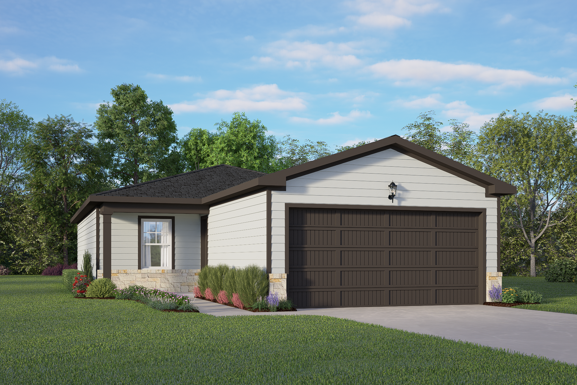 Single-story elevation of The Comal C showcasing white siding, stone accents, dark 2-car garage, and lush landscaping in San Antonio