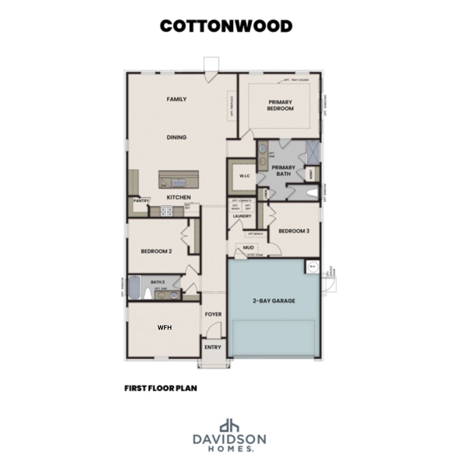 Cottonwood E floor plan: 3-bed, 2-bath, 1,841 sq ft layout with open kitchen, family room, primary suite, 2-car garage in Gallatin, TN