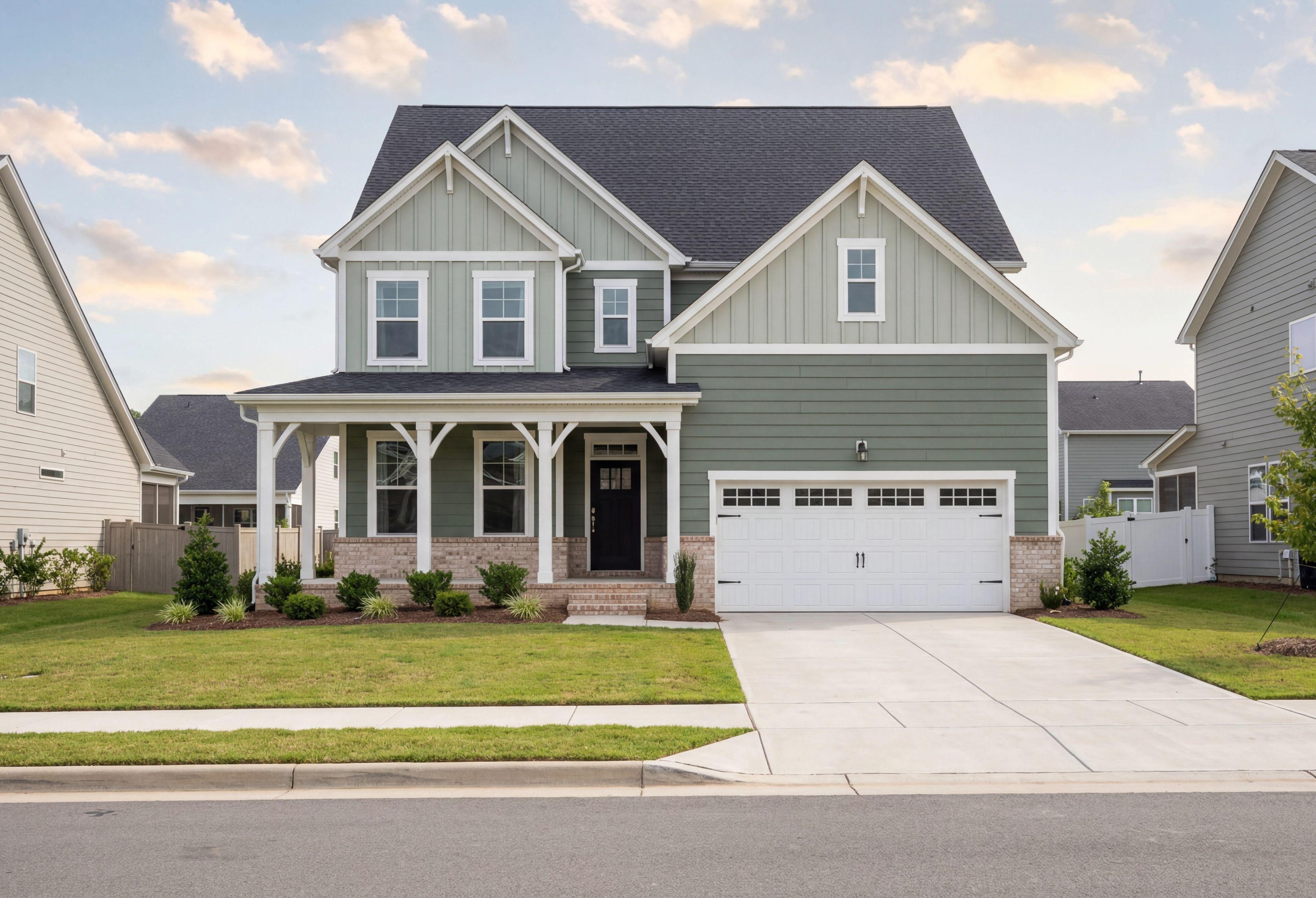 Two-story The Hickory II elevation in Holly Springs NC with sage green vinyl siding, brick accents, covered porch, and 2-car garage