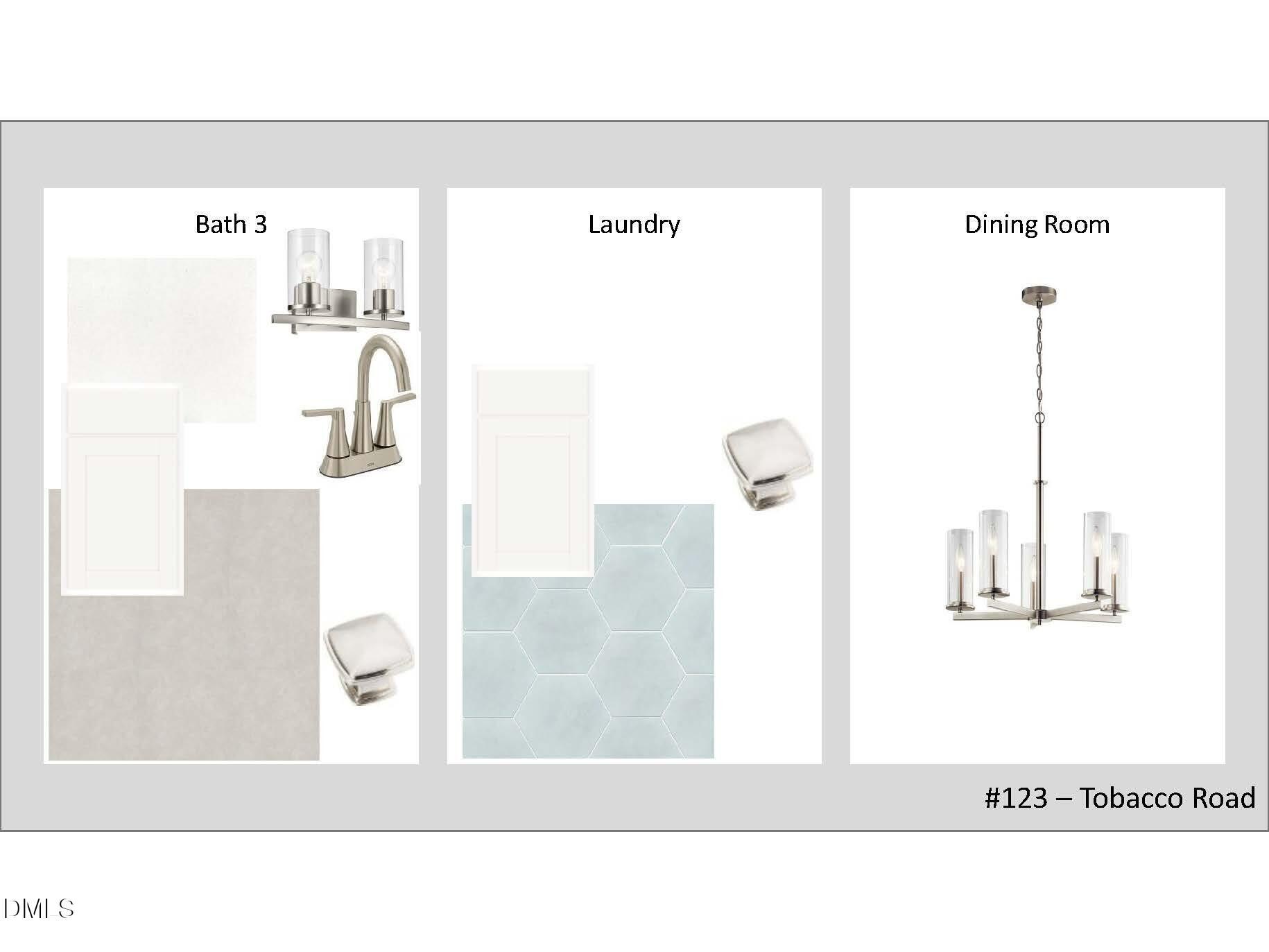 Modern Bath 3 with chrome faucet and sconces, laundry with hex tile floor, dining chandelier in Davidson Homes Magnolia D, Tobacco Road Angier NC