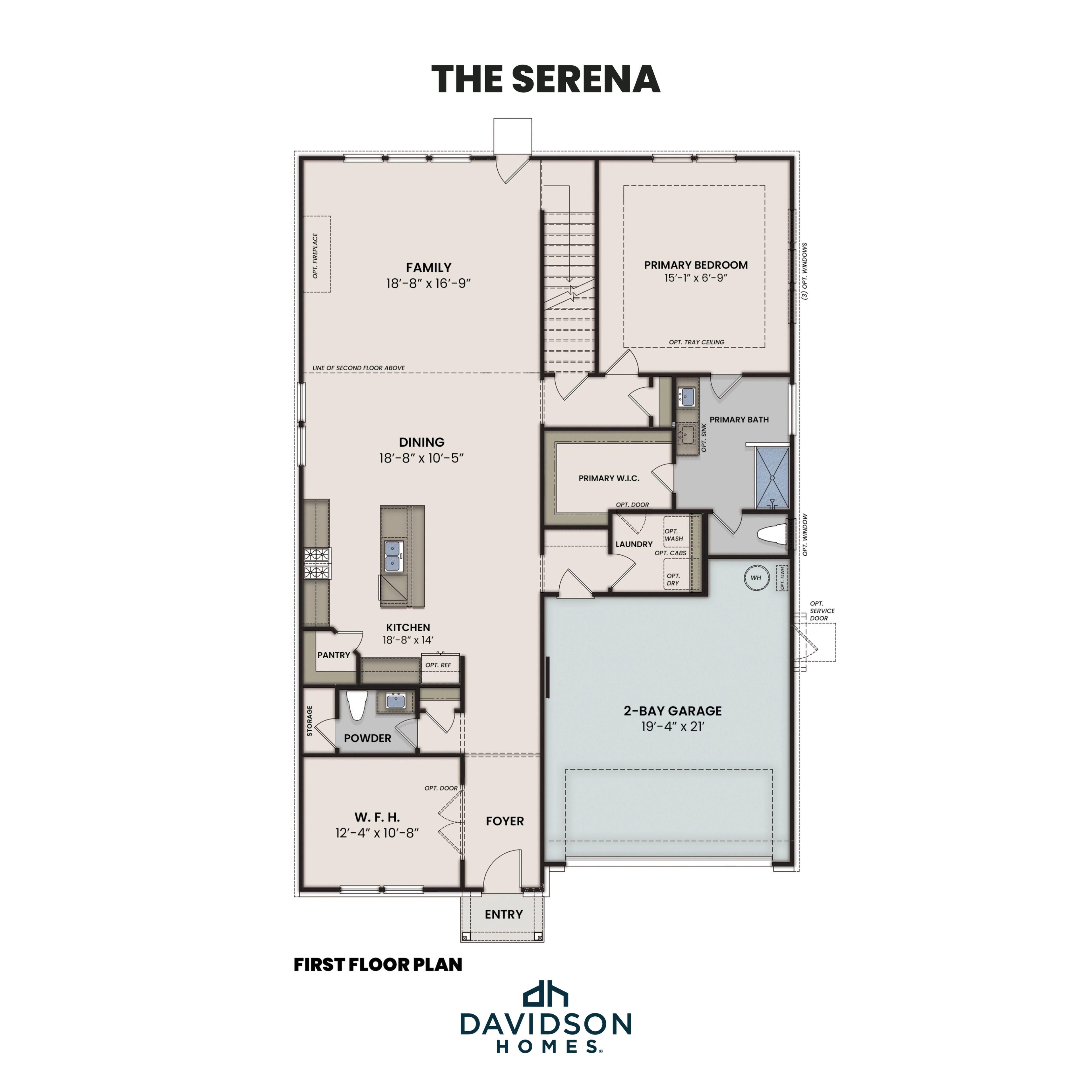 First floor plan of The Serena by Davidson Homes featuring primary suite, open kitchen, dining, family room, and 2-bay garage