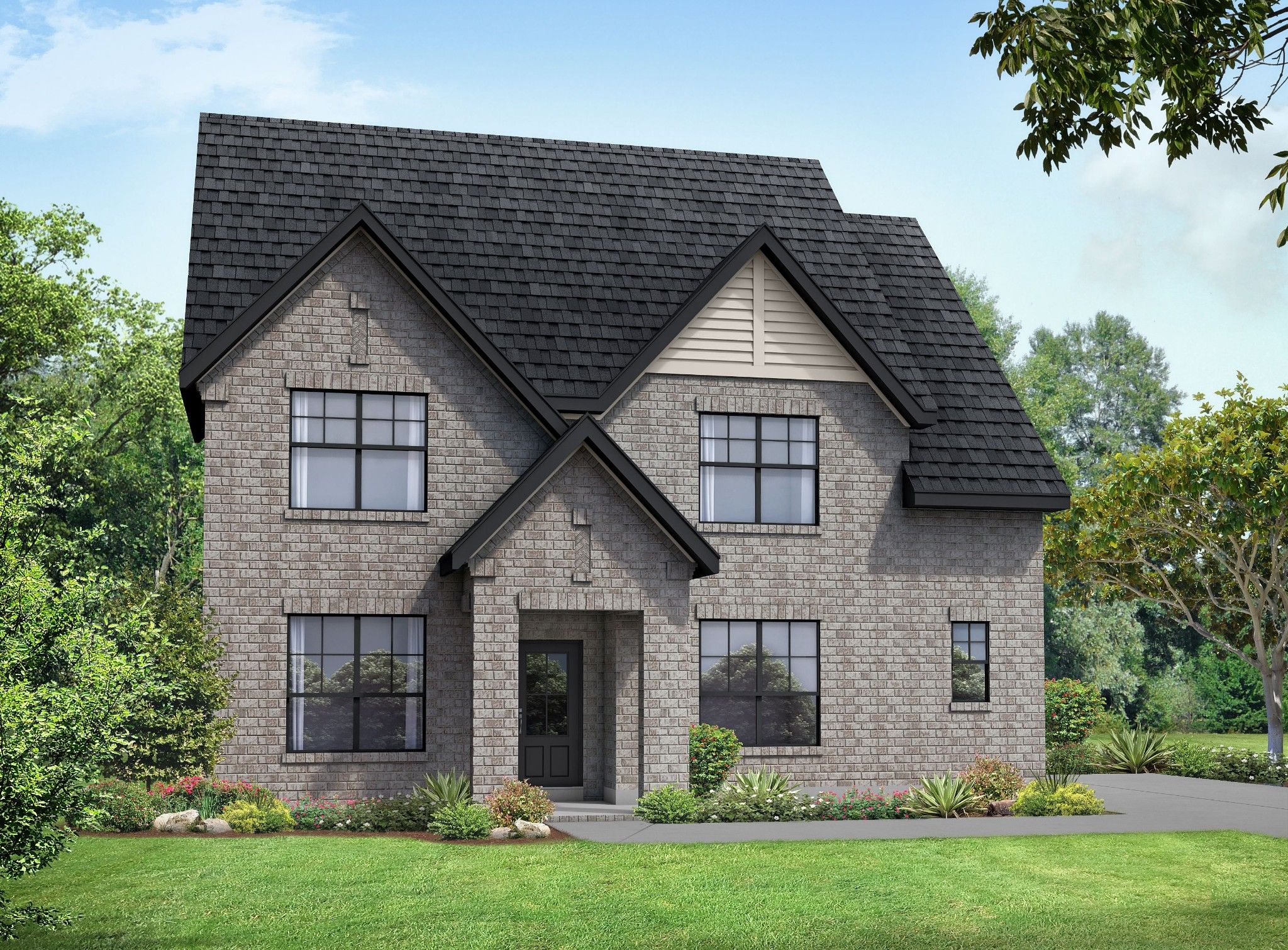 Modern two-story brick home with black gable roof, large windows, and landscaped yard in Benders Cove, Mt. Juliet, Tennessee - Davidson Homes Ridgeport E