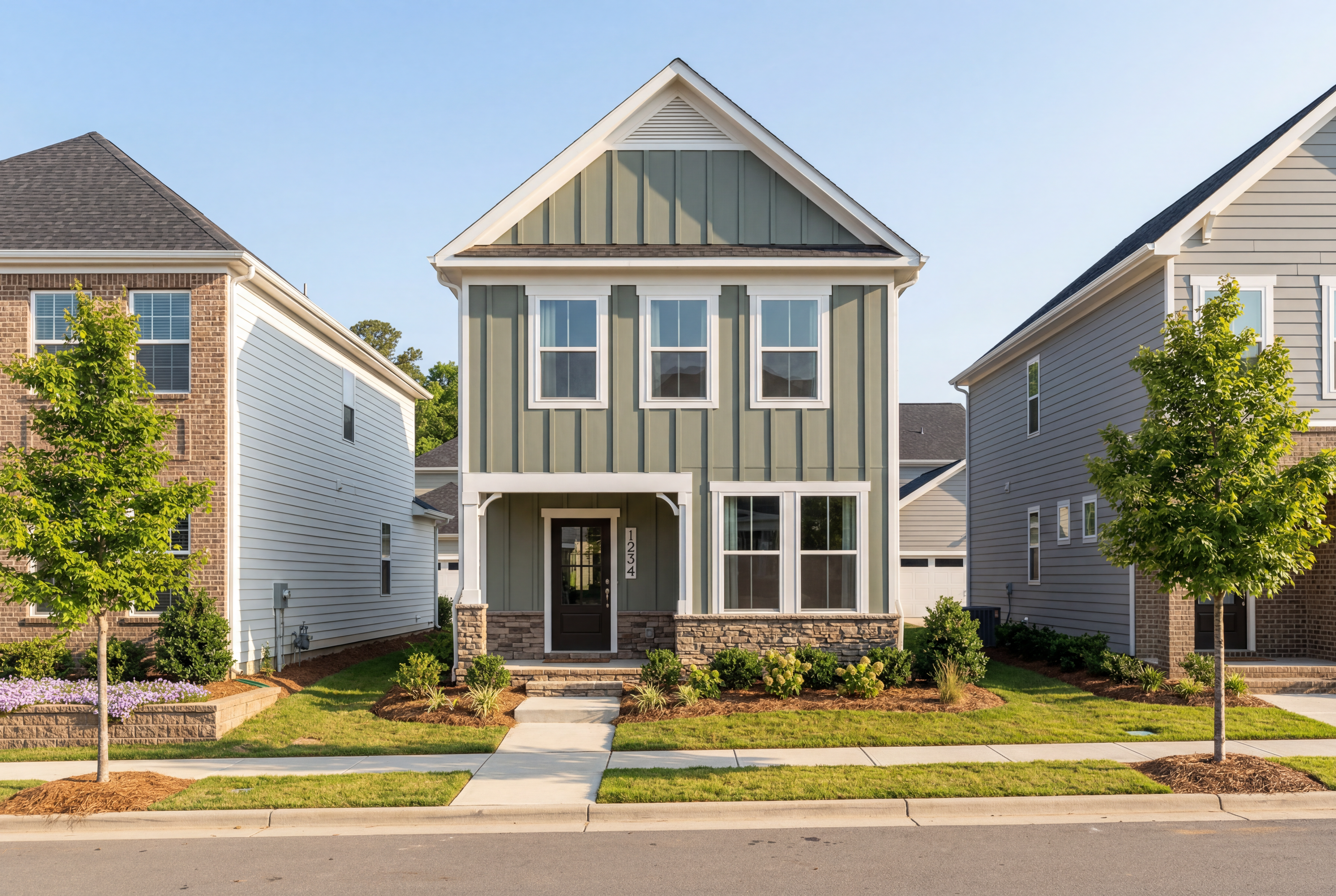 Two-story Alexander B home exterior in Knightdale NC featuring gray siding, gabled roof, covered porch, stone accents, and manicured lawn