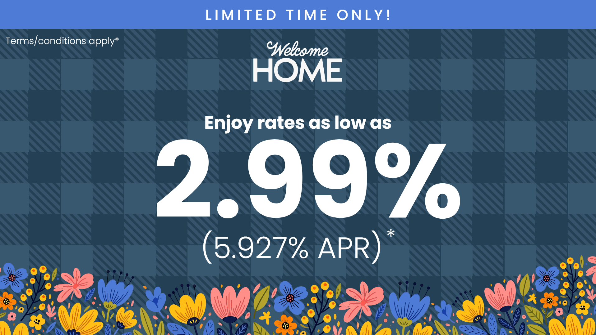 Happy couple unpacking on cozy couch surrounded by moving boxes in new home, welcome home text and limited time offer