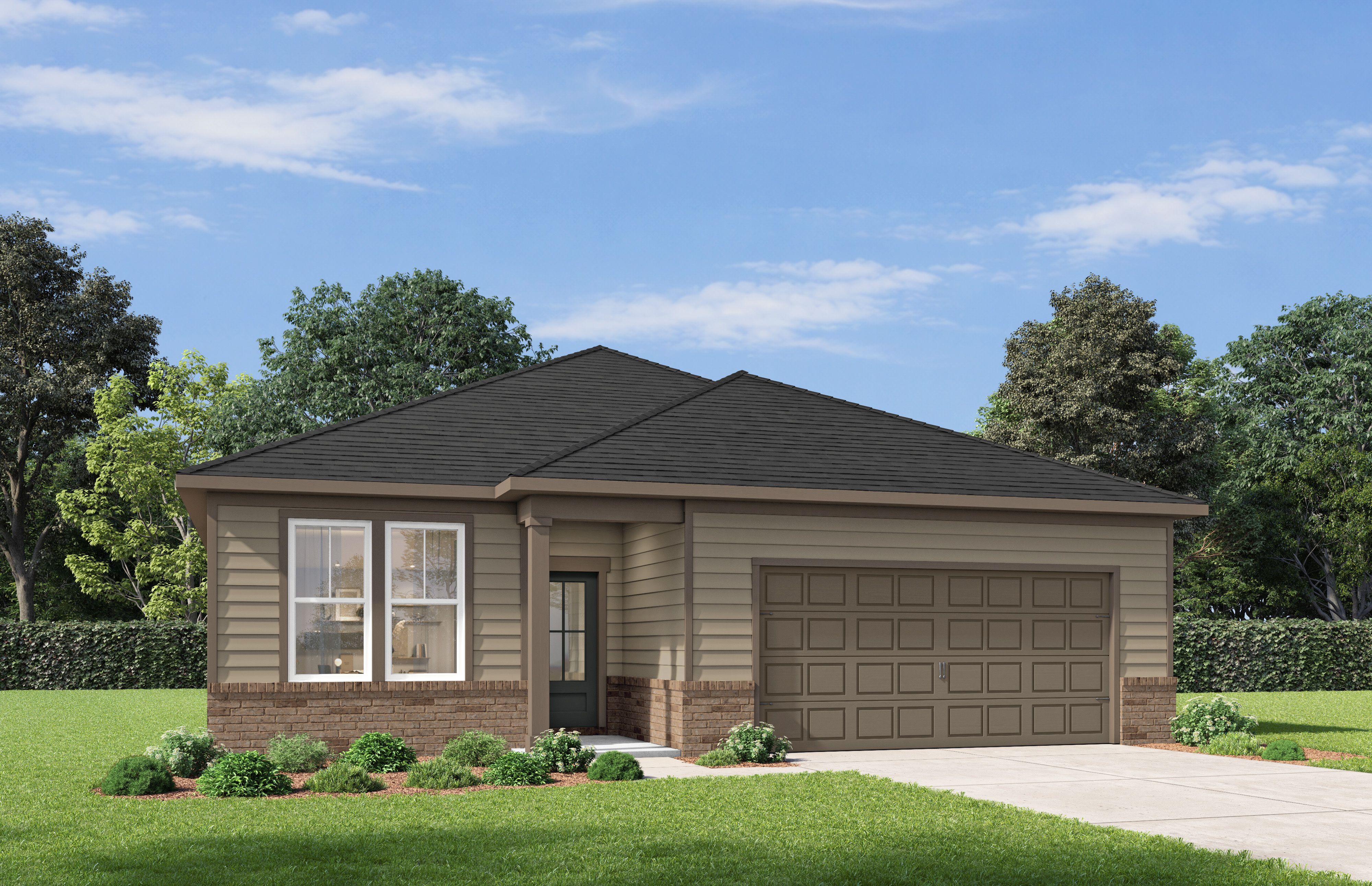 Modern single-story elevation of The Sorrel D with brick accents, beige siding, two-car garage, landscaped yard in San Antonio