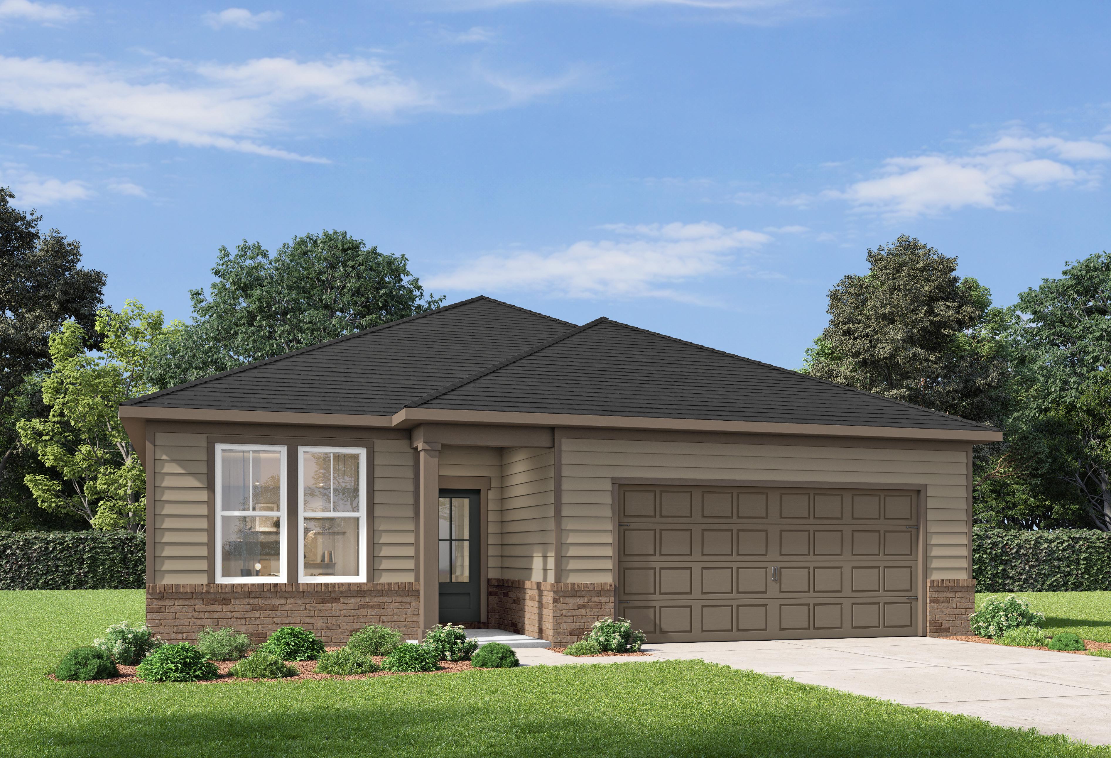 Modern single-story elevation of The Sorrel D with brick accents, beige siding, two-car garage, landscaped yard in San Antonio