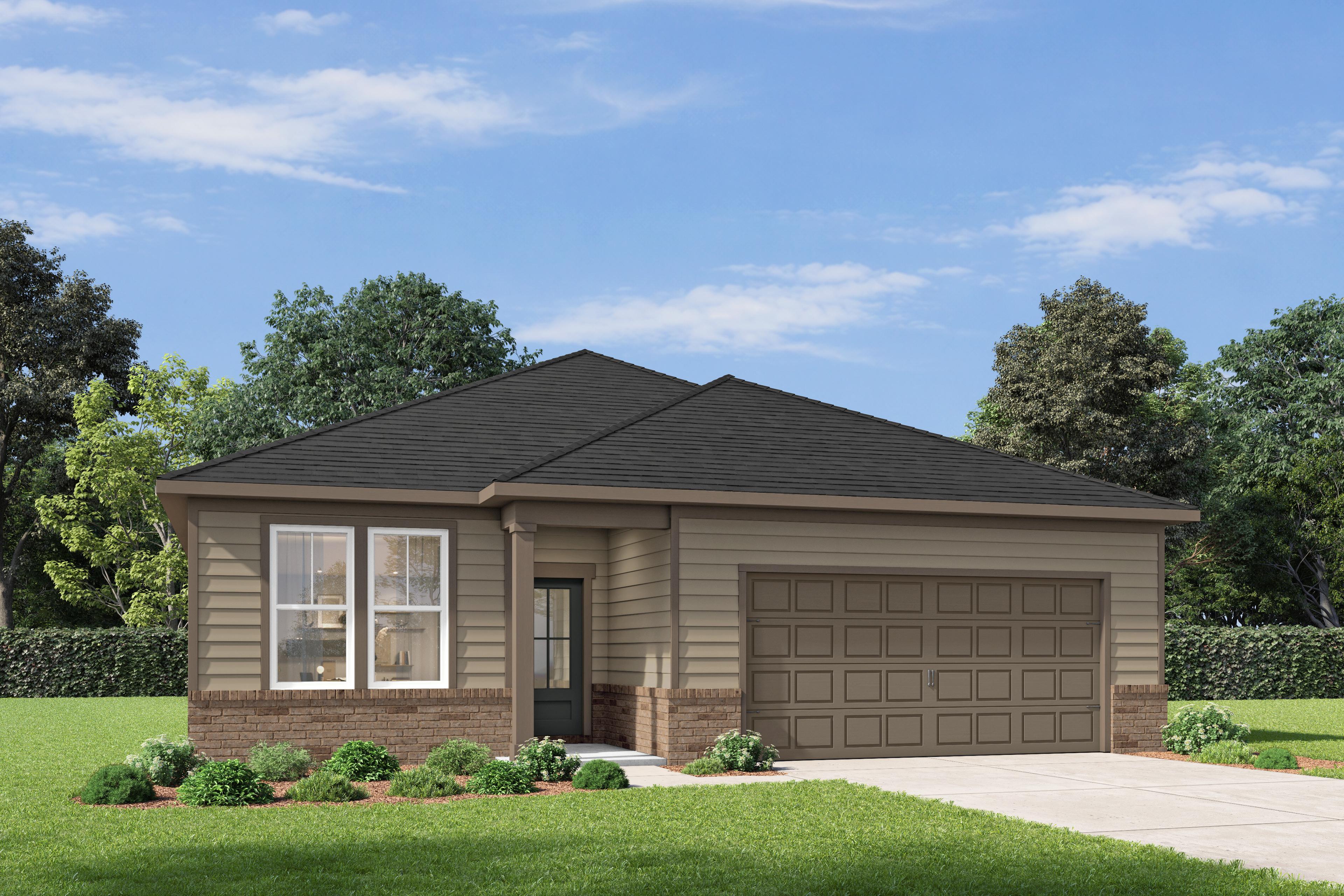 Modern single-story elevation of The Sorrel D with brick accents, beige siding, two-car garage, landscaped yard in San Antonio