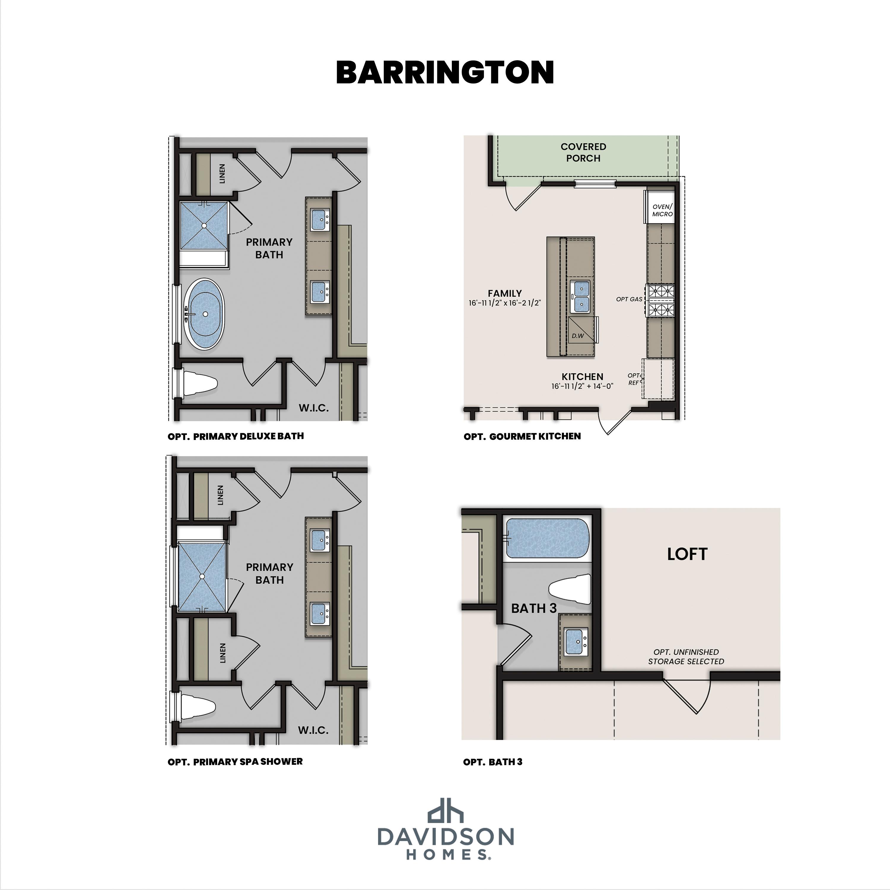 Barrington floor plan details by Davidson Homes: primary bath, optional gourmet kitchen, gas fireplace, and linear fireplace options