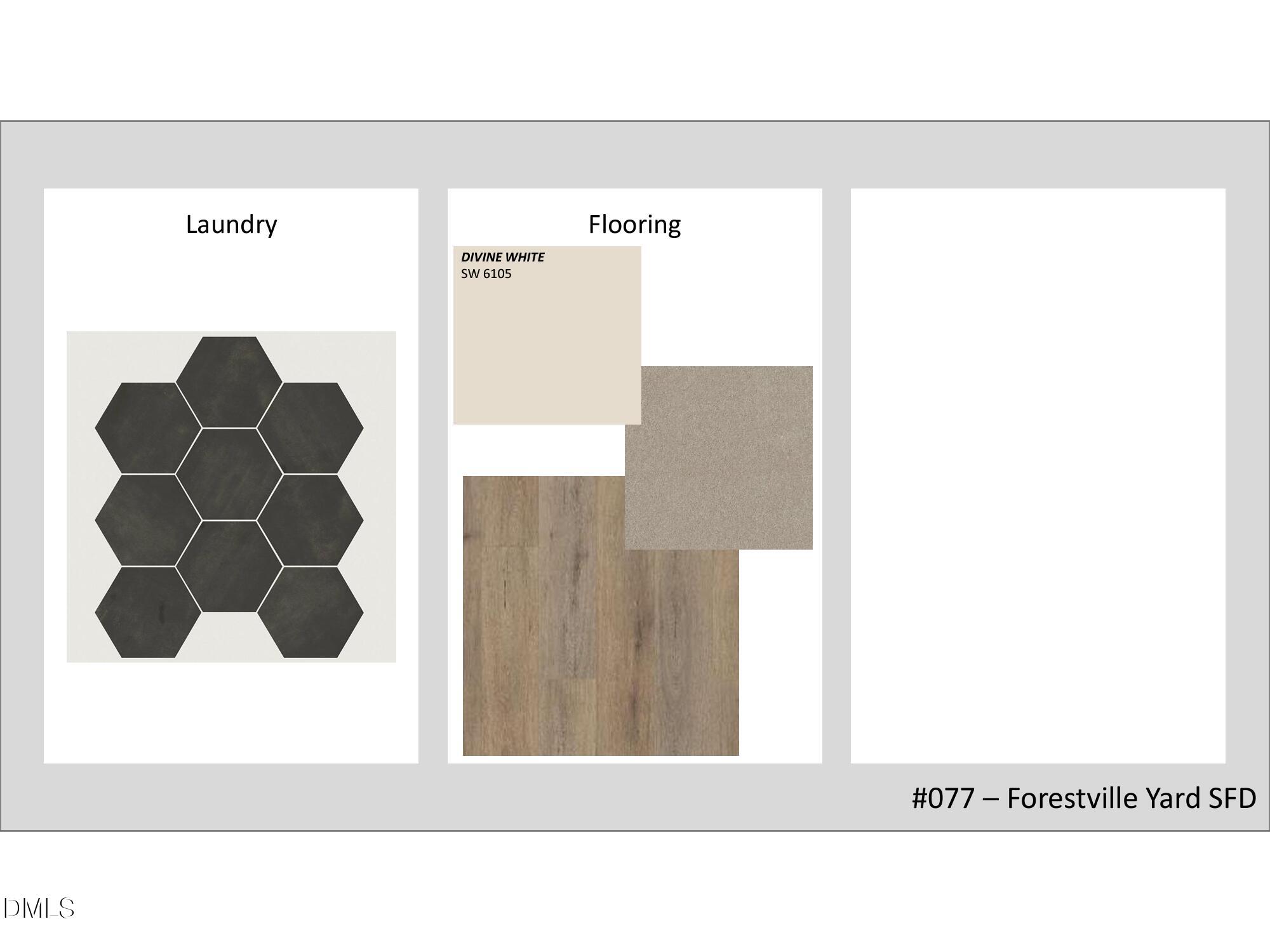 Hexagonal black tile laundry flooring with Shine and Dune wood samples for The Alexander D home in Forestville Yard, Knightdale