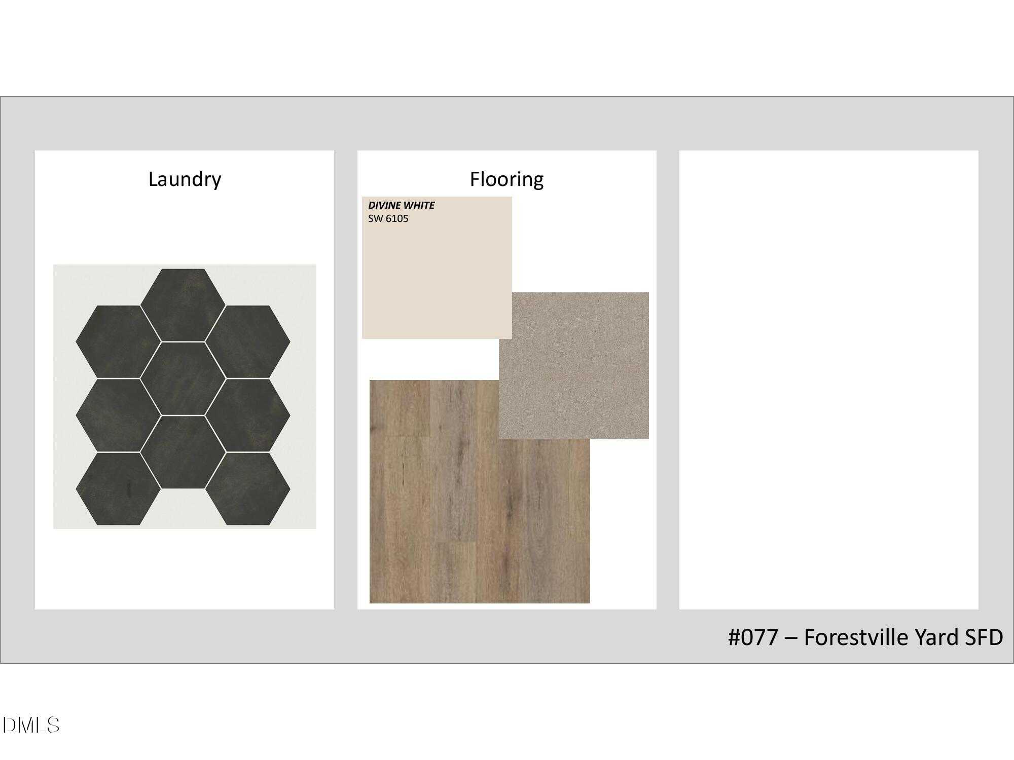 Hexagonal black tile laundry flooring with Shine and Dune wood samples for The Alexander D home in Forestville Yard, Knightdale