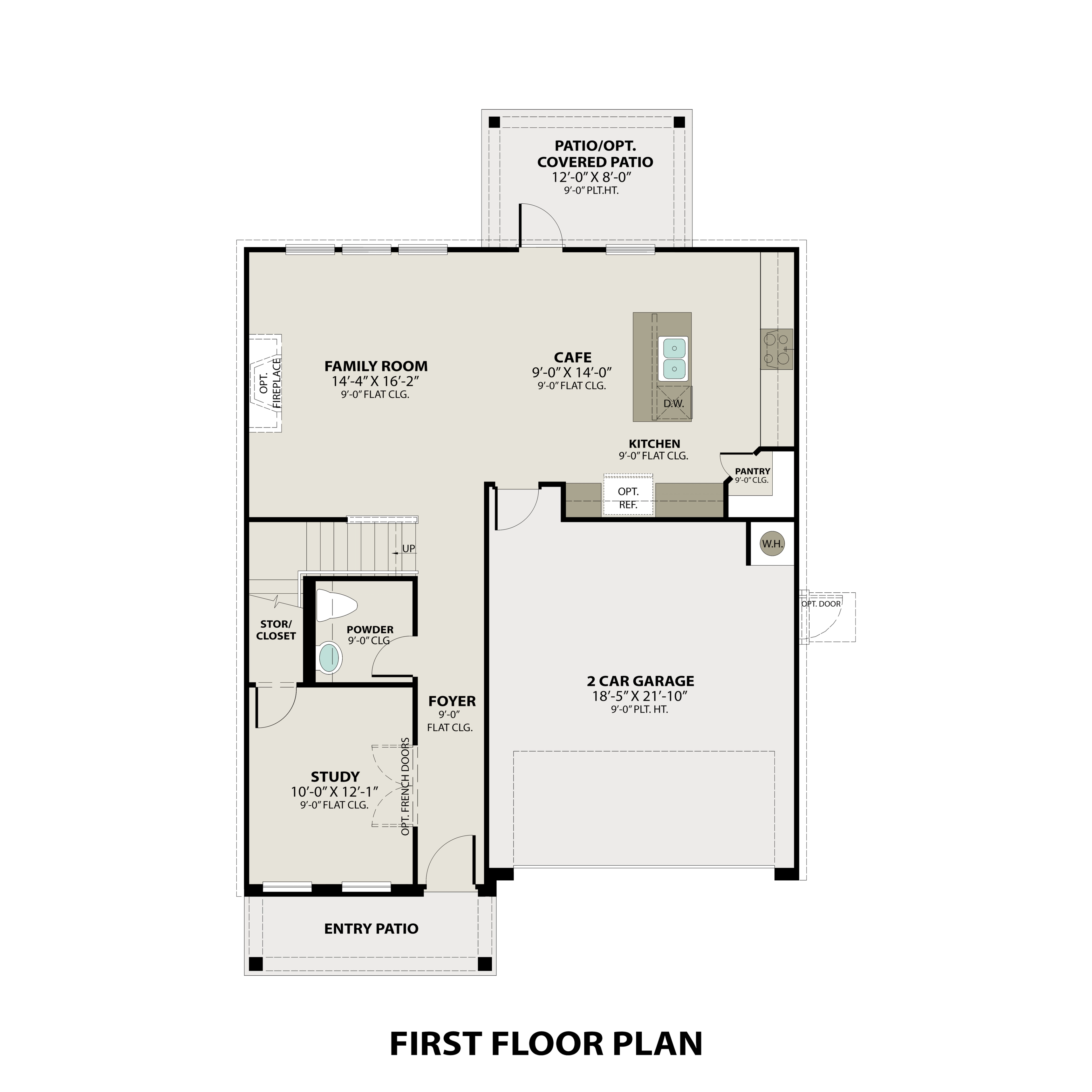 The Logan C first floor plan by Davidson Homes: open family room, cafe, kitchen, study, 2-car garage, covered patio
