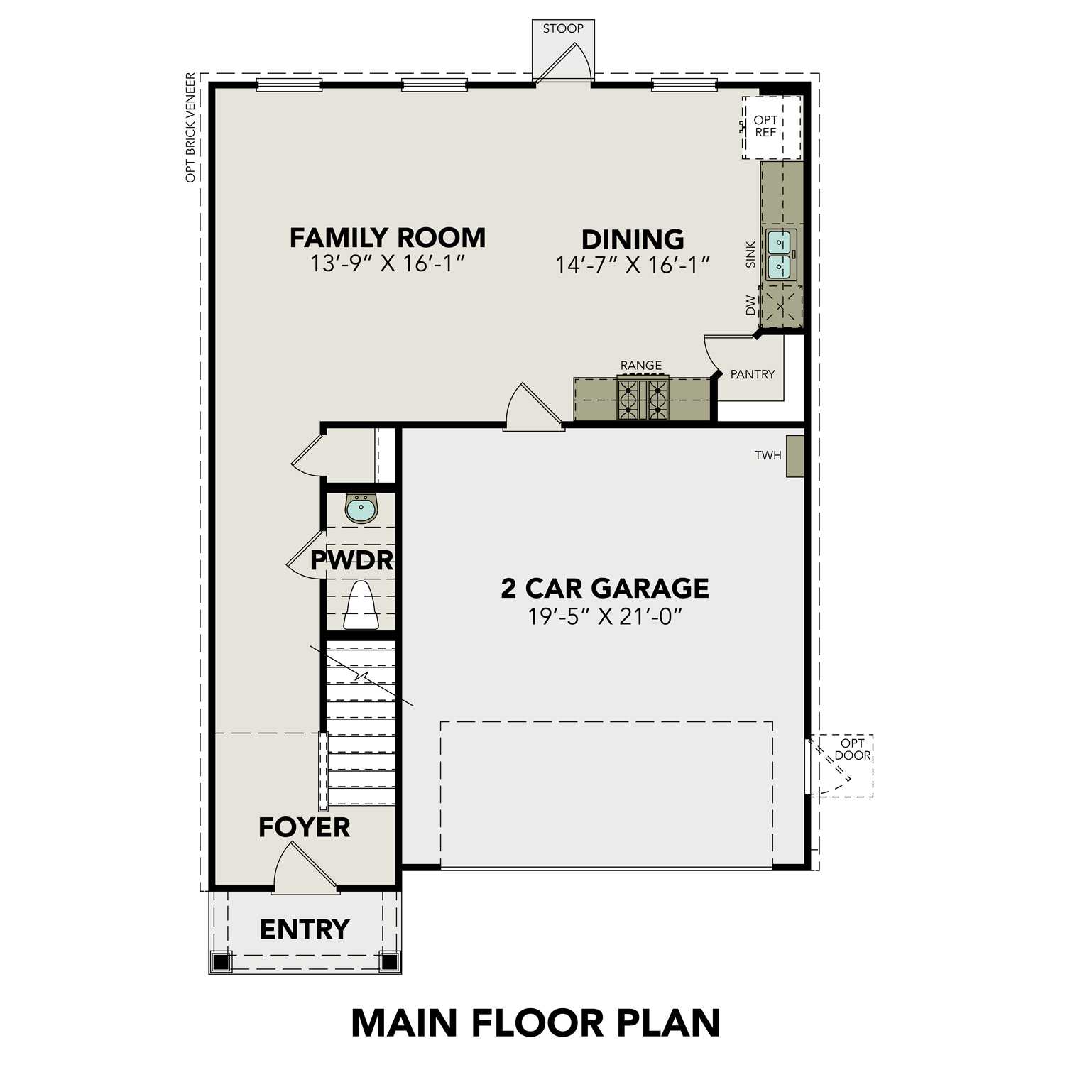 First floor layout of The Trinity C by Davidson Homes: open family room, dining area, kitchen with pantry, powder room, and 2-car garage