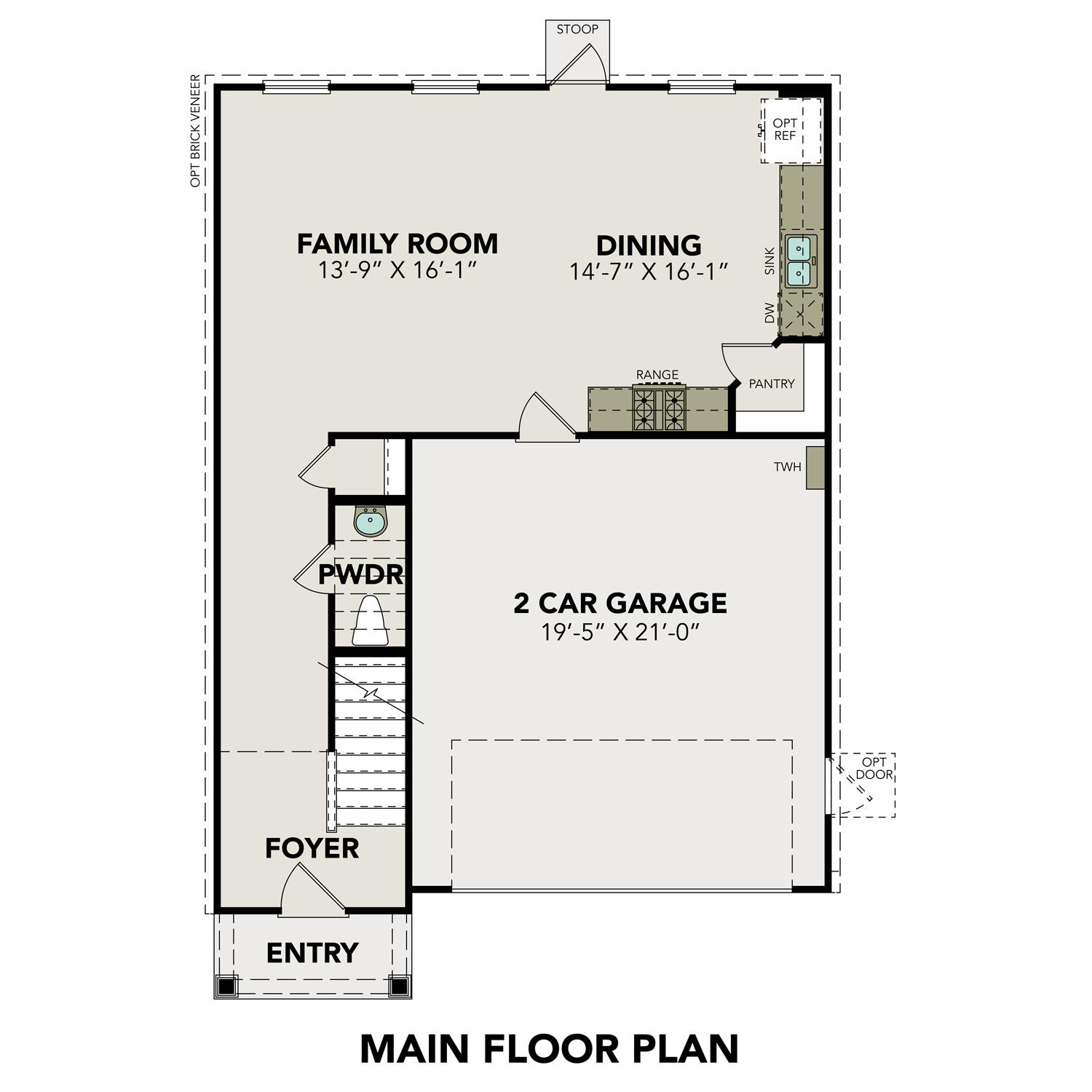 First floor layout of The Trinity B featuring open family room, dining area, kitchen with pantry, powder room, and 2-car garage